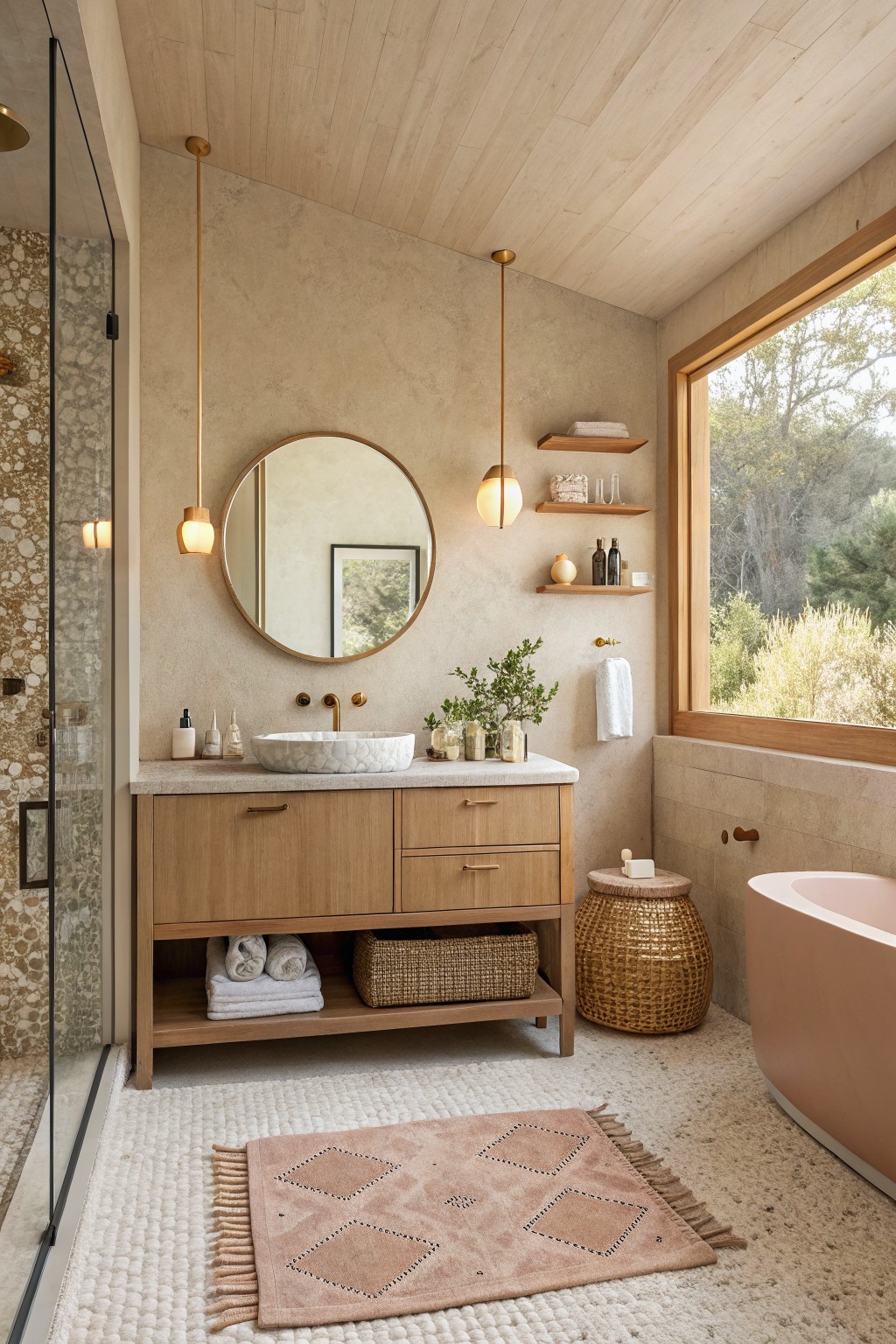A bathroom with warm beige walls and a wooden vanity.