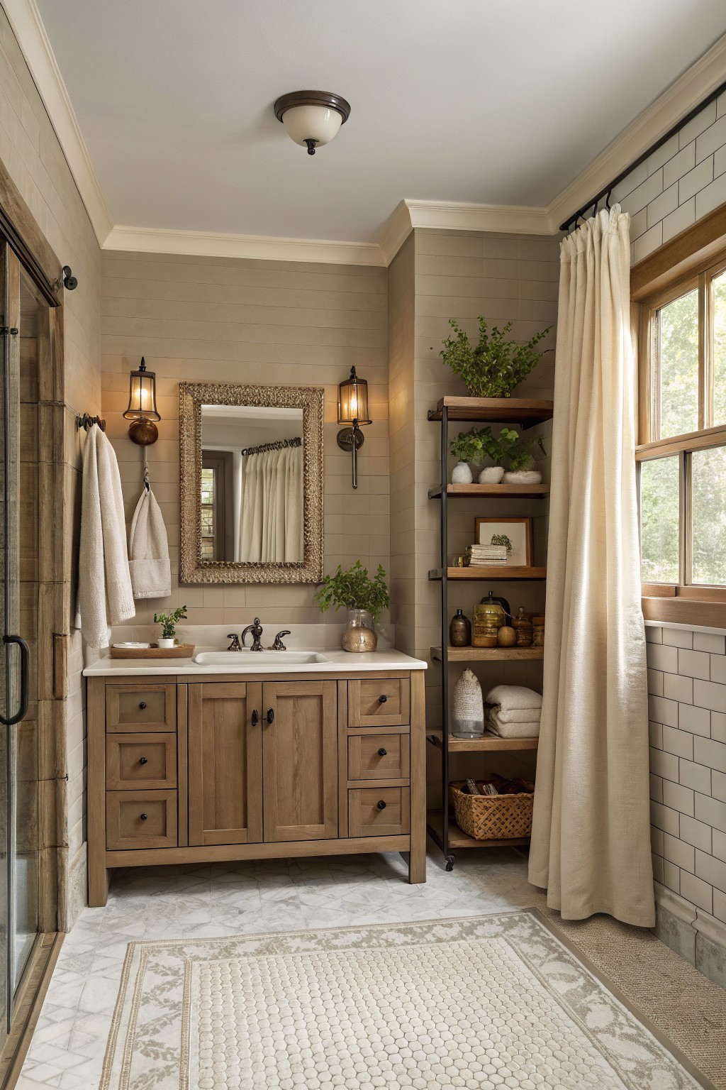 Bathroom walls painted a soft warm greige with a wood vanity below.