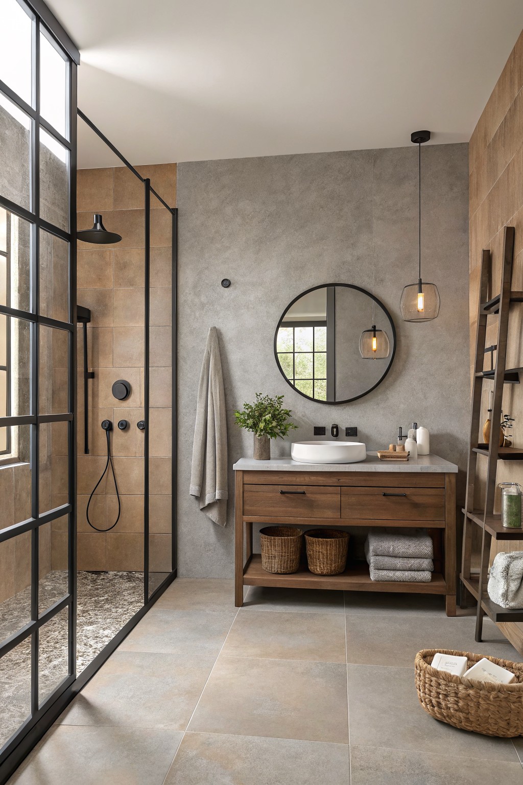 A bathroom with warm greige walls and a wooden vanity.