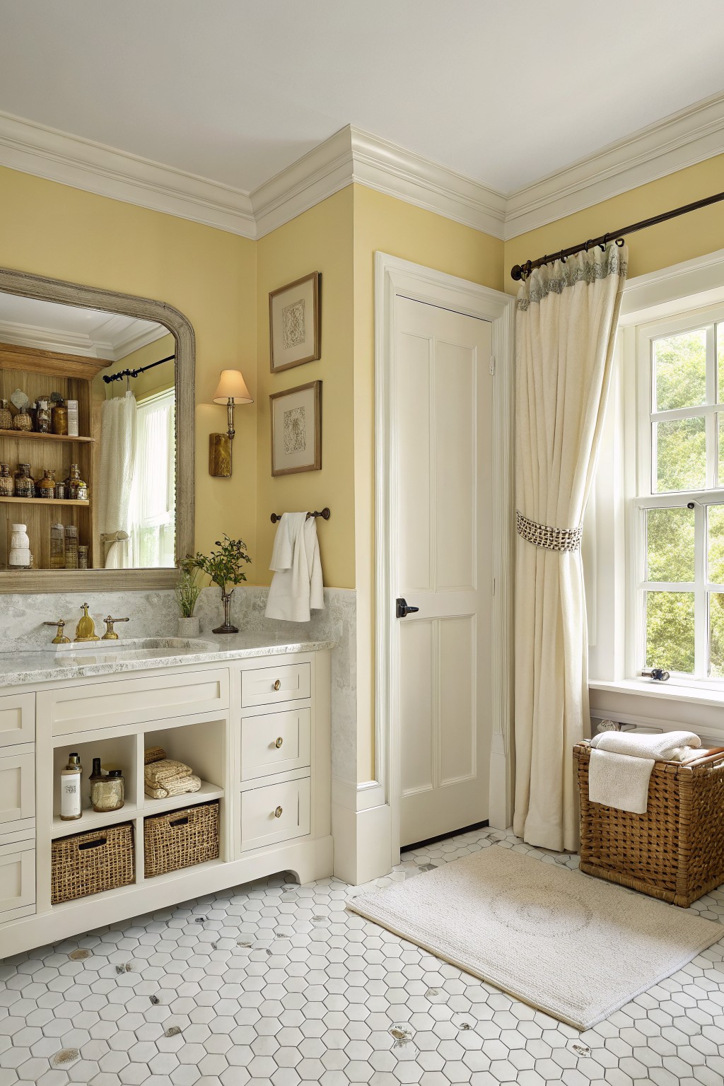 Bathroom walls painted a soft warm yellow with white trim and marble vanity.