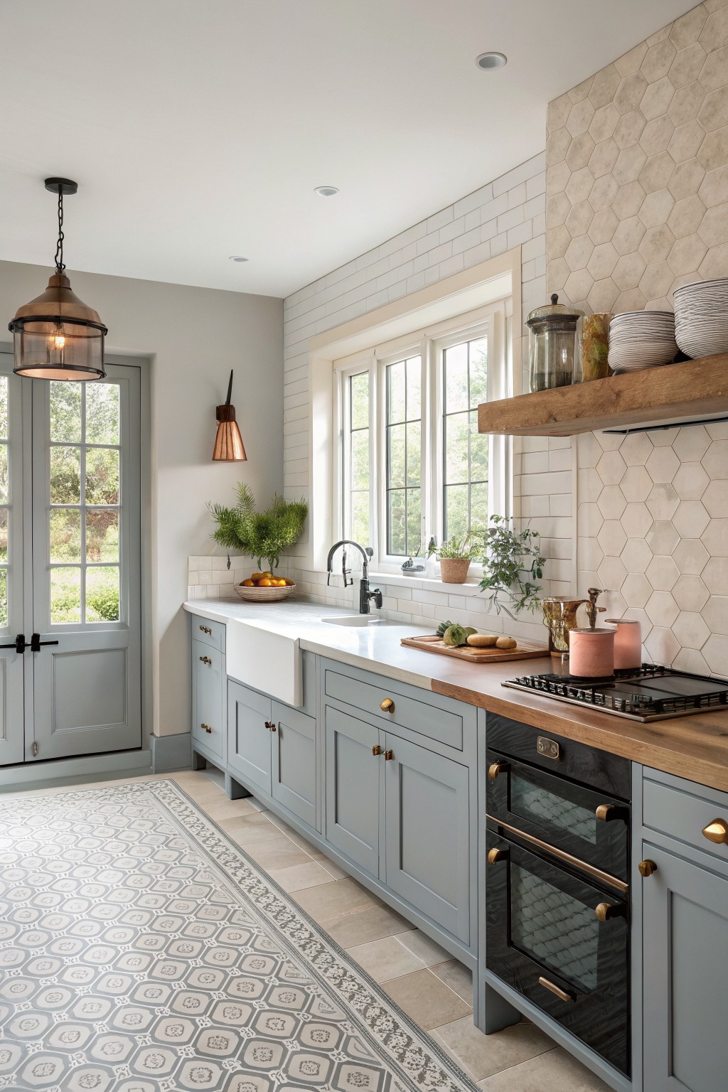 Light blue gray cabinets in a kitchen with white counters and wood shelves.