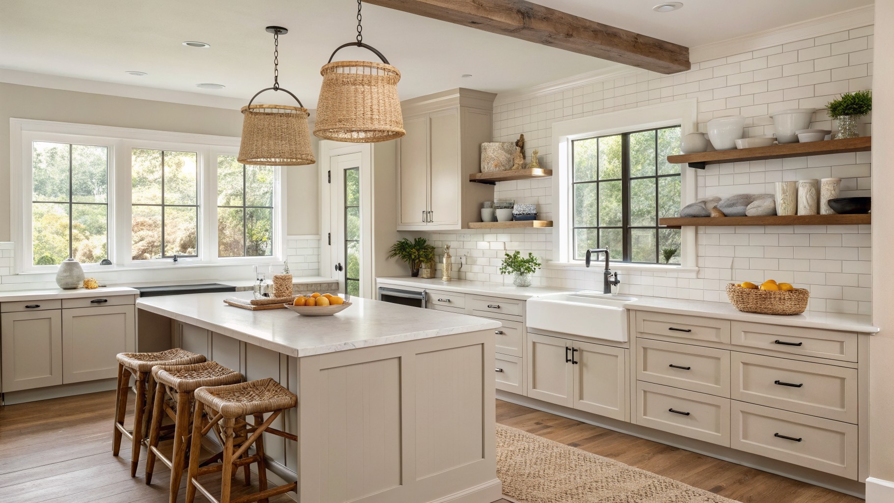 Light greige cabinets in a bright kitchen with a white island and wood stools.