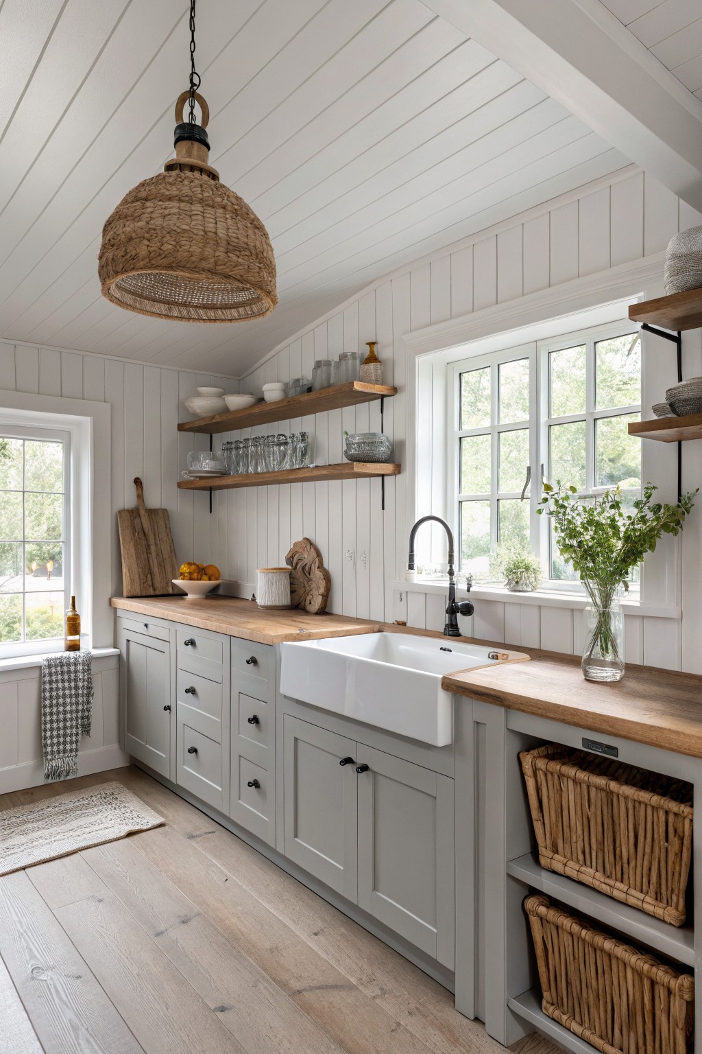 Light gray cabinets in a kitchen with white walls and wood countertops.