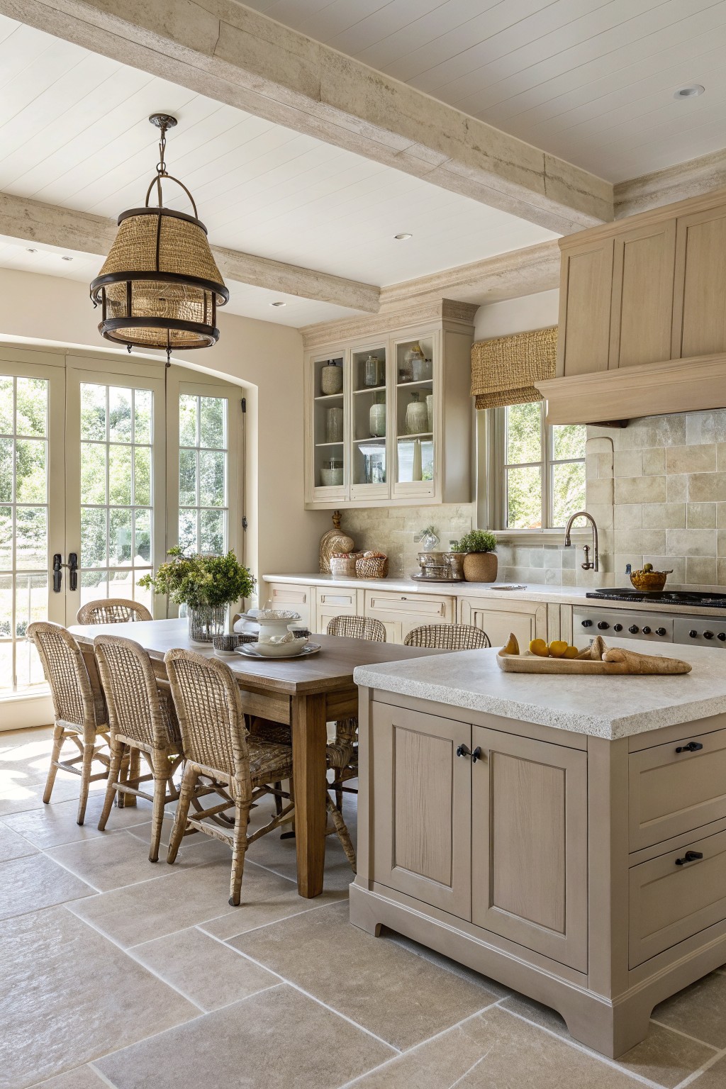 Rustic beige kitchen with wooden table, woven chairs, and central island