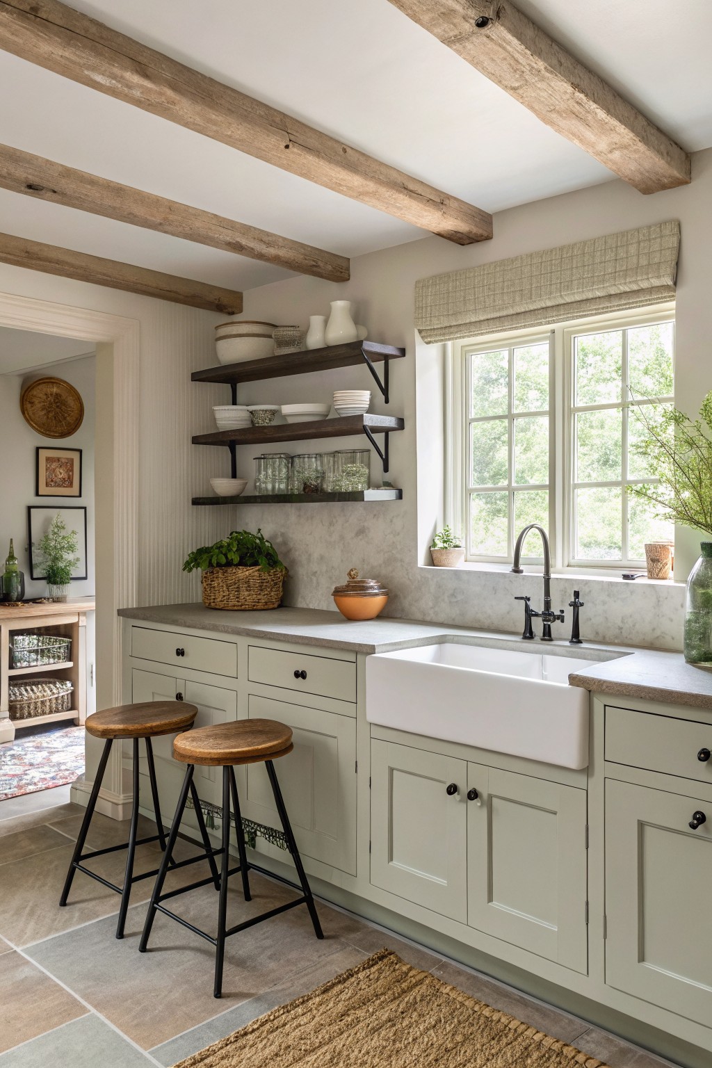 Light greige kitchen cabinets with open wood shelves and a farmhouse sink.