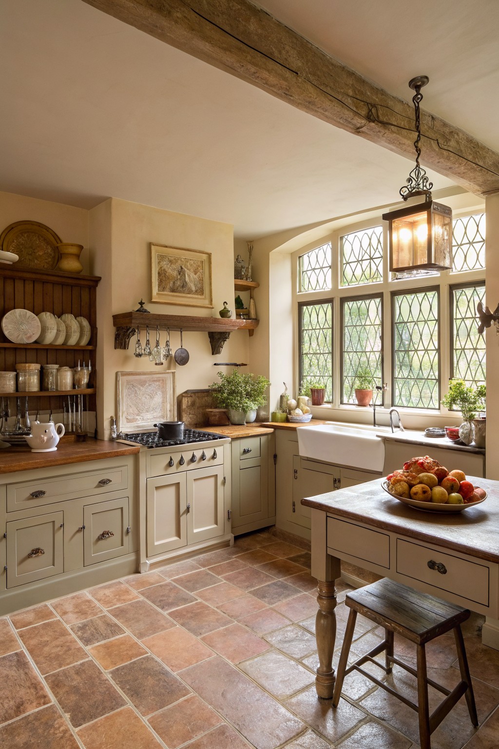 Rustic kitchen with terracotta tiles, cream cabinets, wooden island, and fruit bowl.