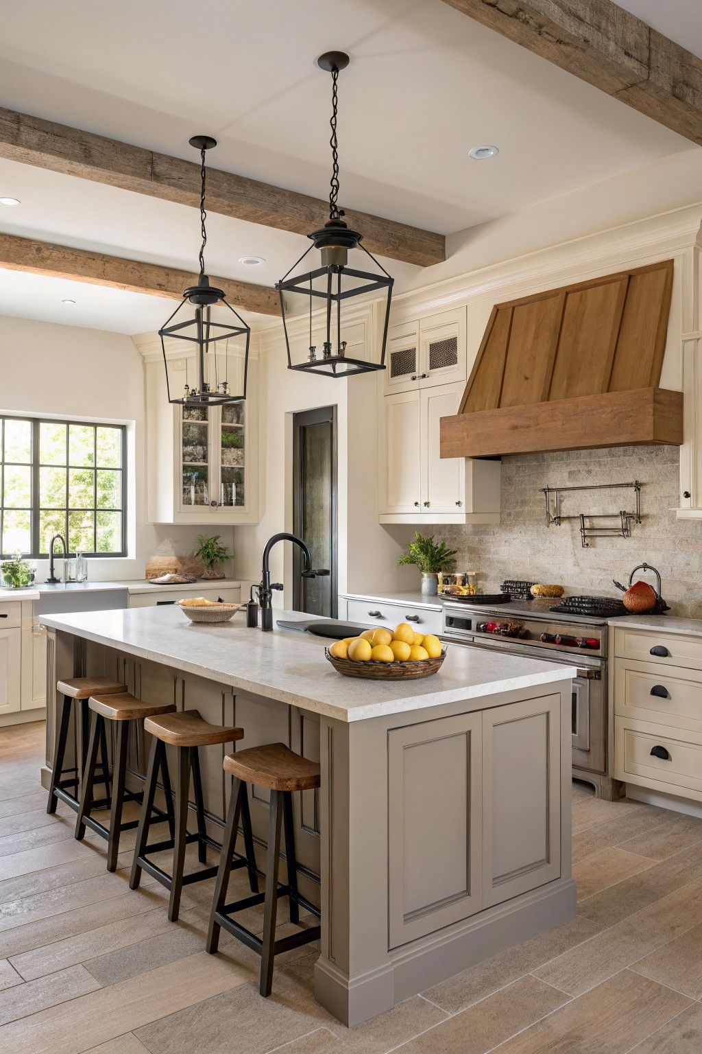 A kitchen island finished in soft greige paint with wood stools underneath.
