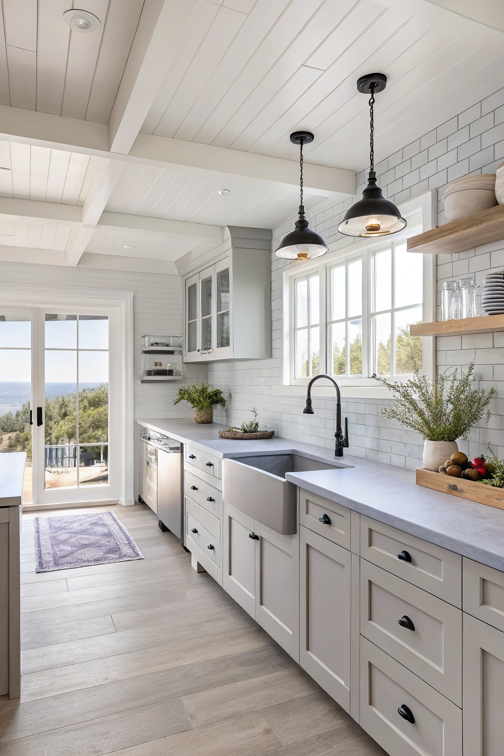 Light gray kitchen cabinets with a farmhouse sink and black fixtures.