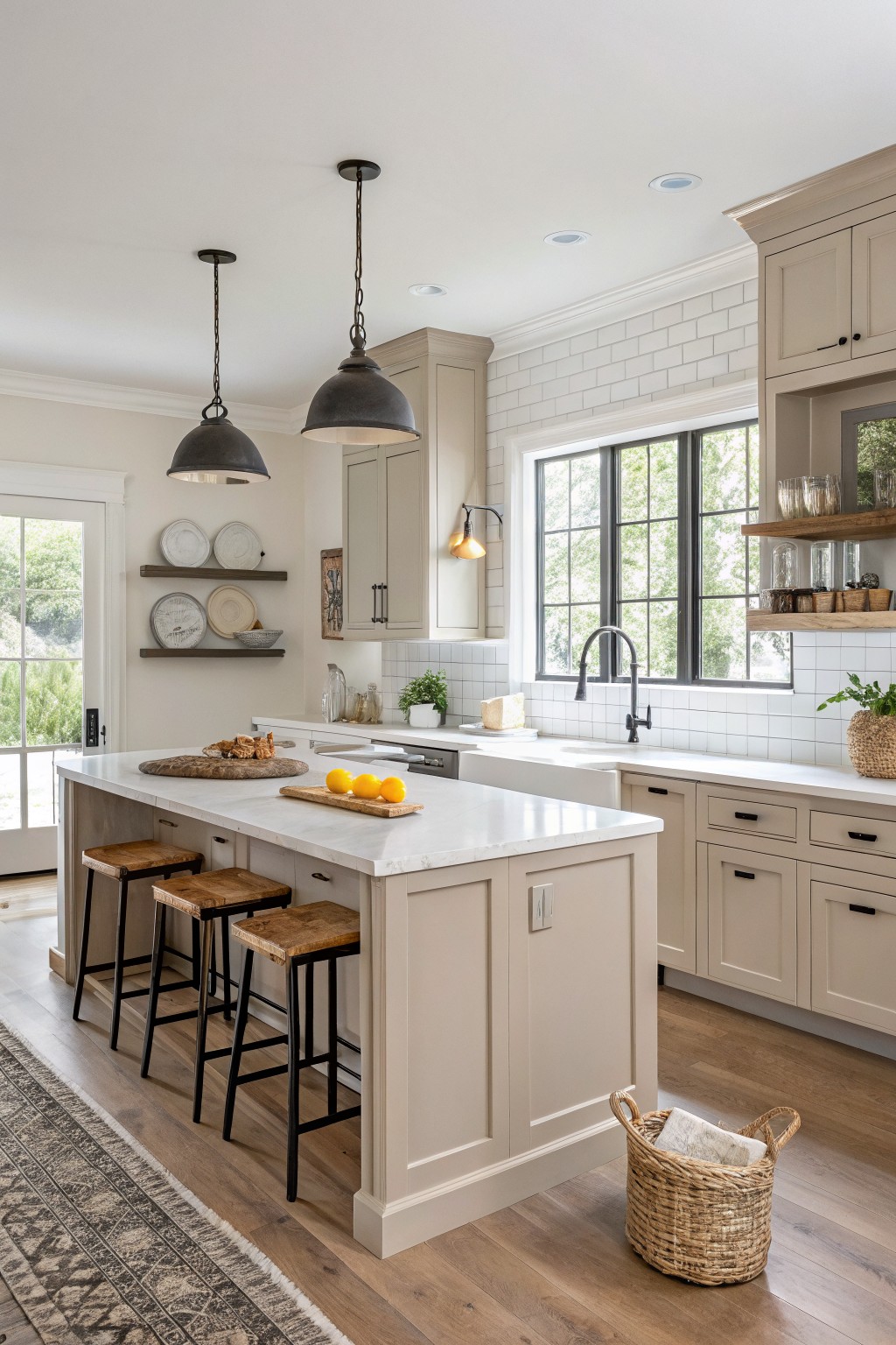 Light greige cabinets in a bright kitchen with a white island and wood stools.