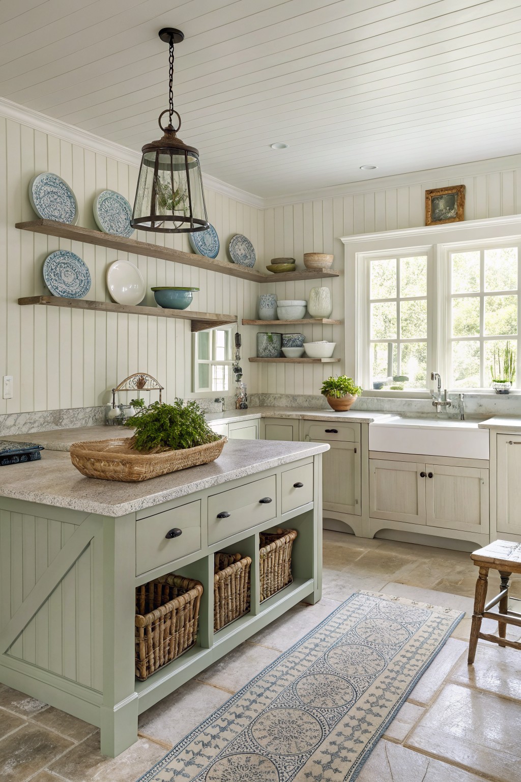 Sage green kitchen cabinets with a matching island and open wood shelves.
