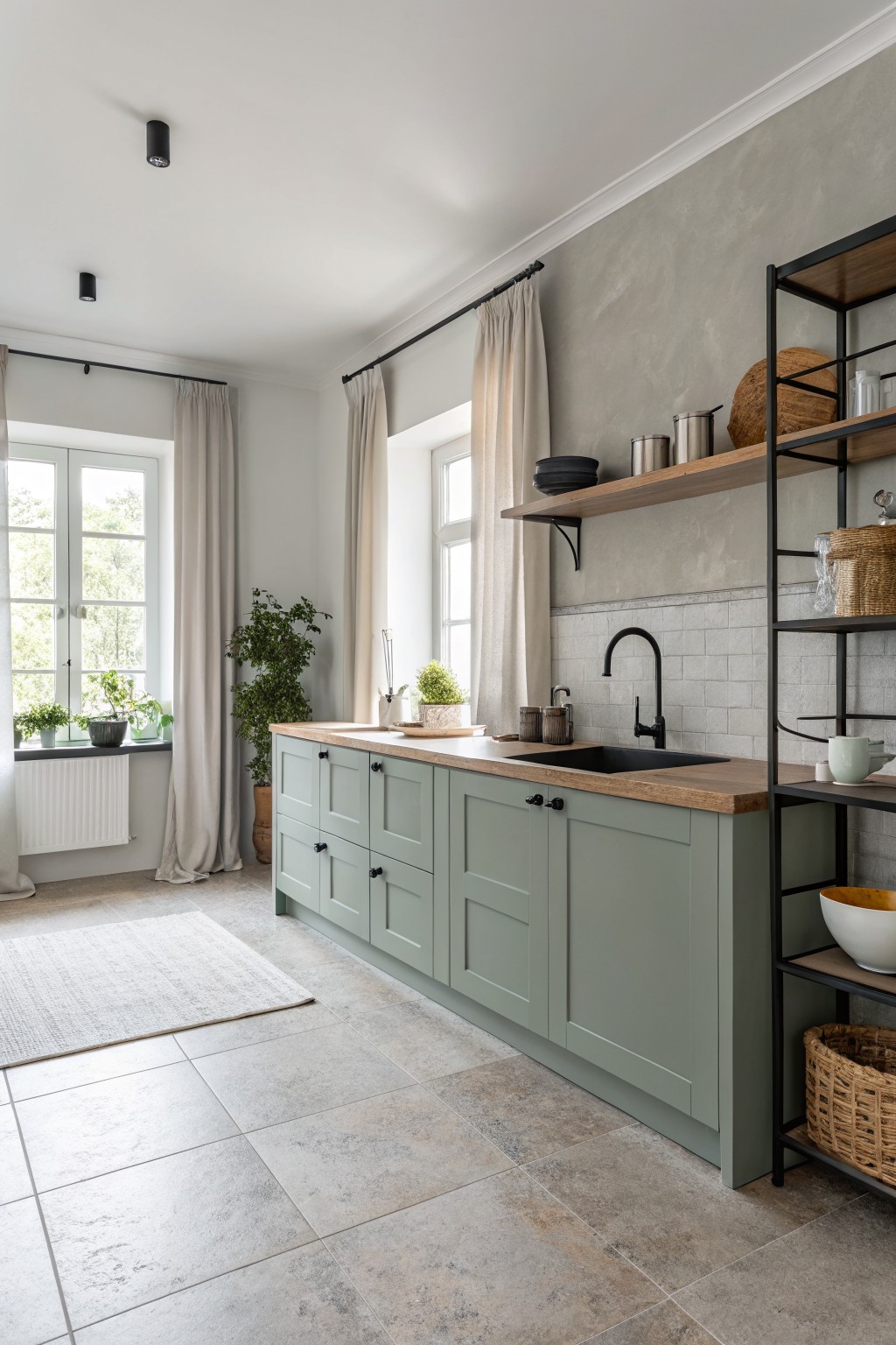 Sage green kitchen cabinets with wood countertops and black hardware in a bright room.