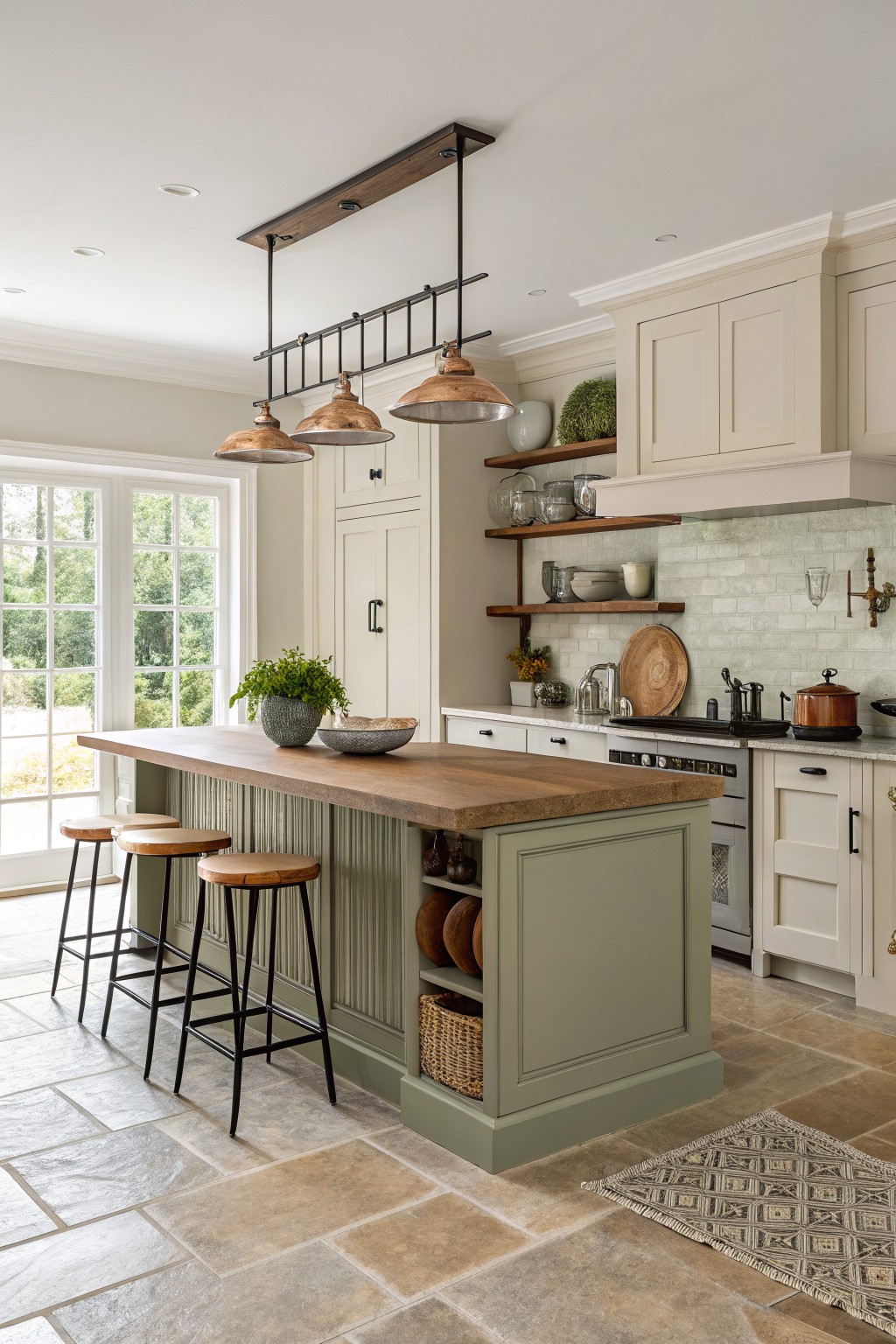 A kitchen island painted in a soft sage green with wood countertops and open shelving.