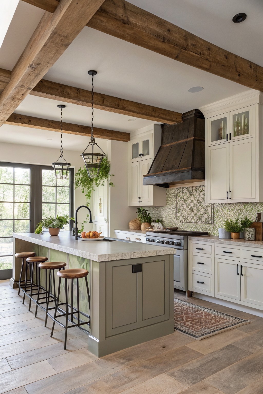 A kitchen island painted in a muted sage green sits below white cabinets and wood beams.