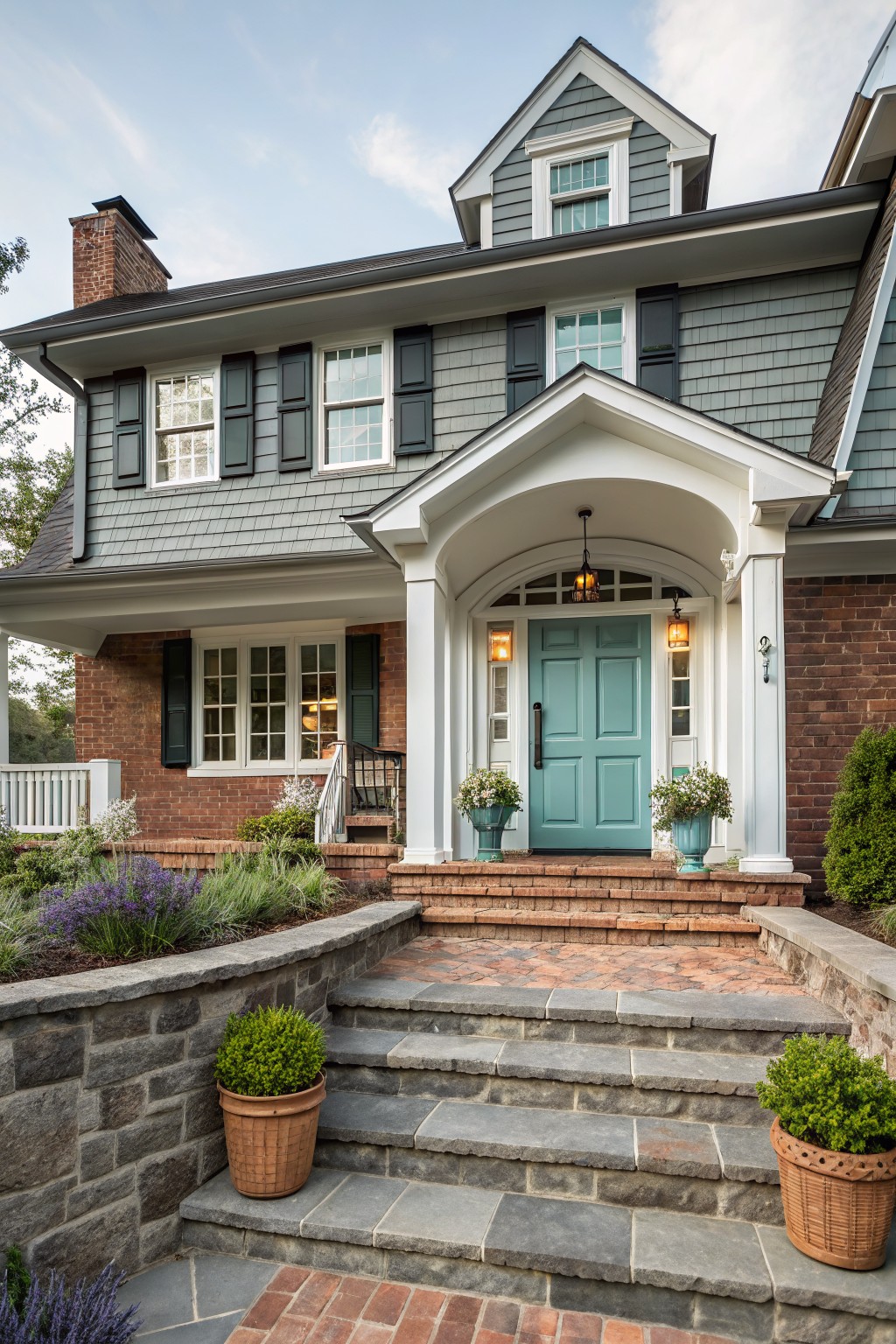 A split-level house exterior painted in soft blue gray siding.