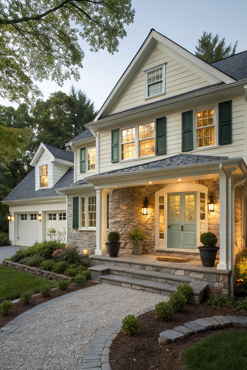 A split-level house with creamy white siding and a stone foundation.