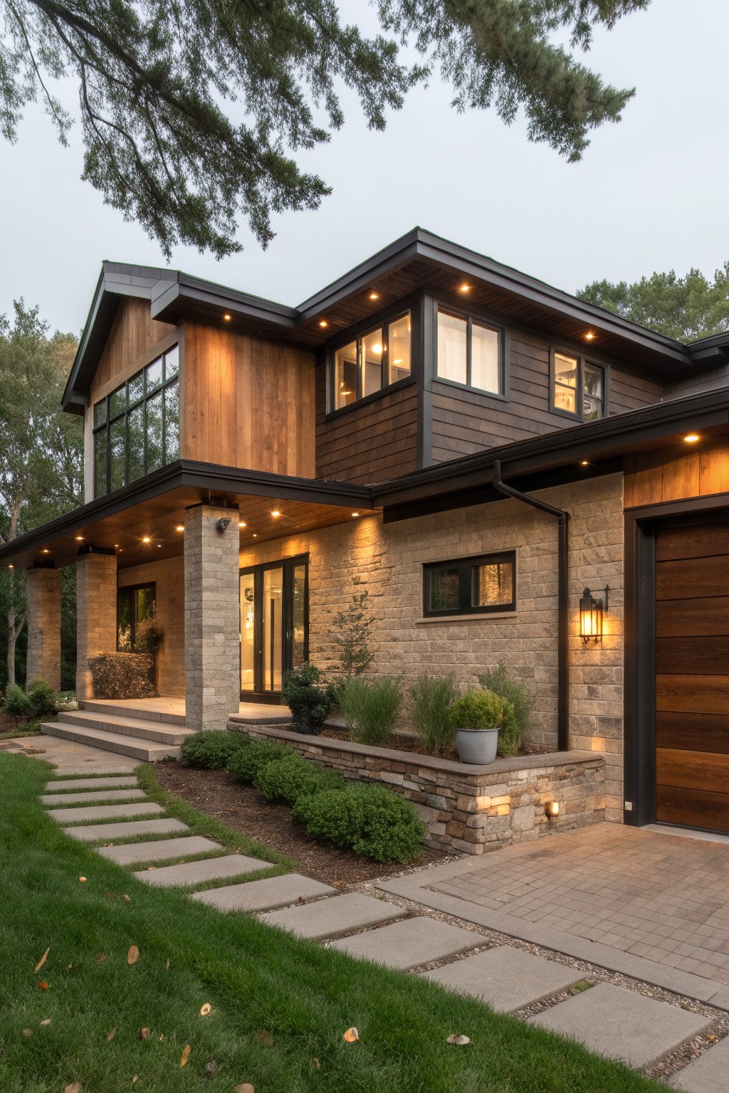 A split-level home with dark brown siding over a stone lower level.