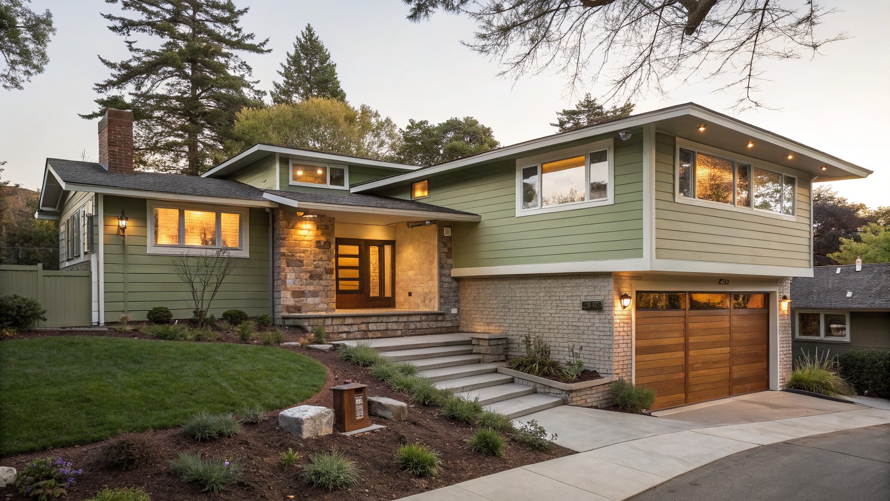 Modern green house with large windows, wood garage door, and landscaped steps