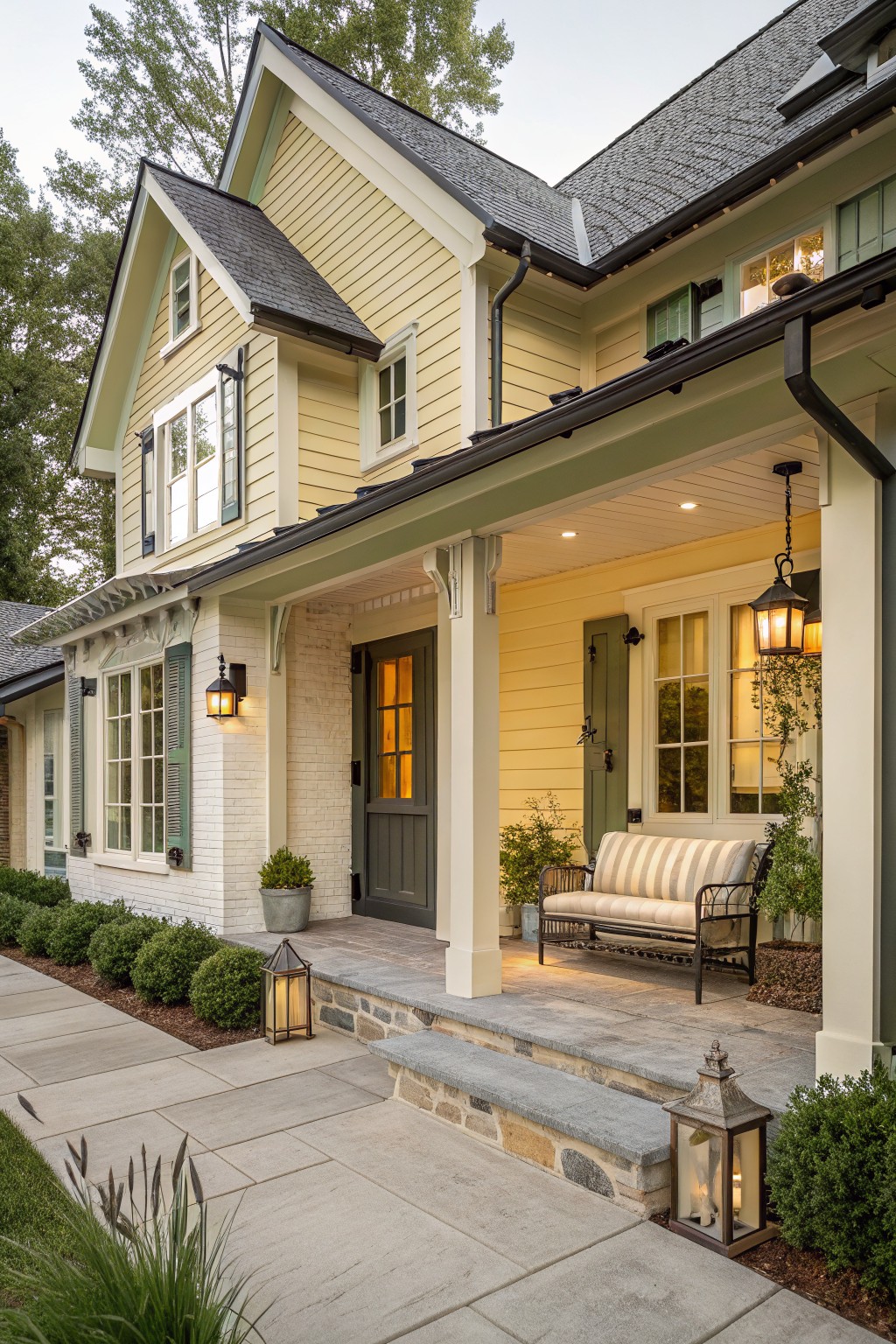 A split-level home with pale yellow siding and white trim.
