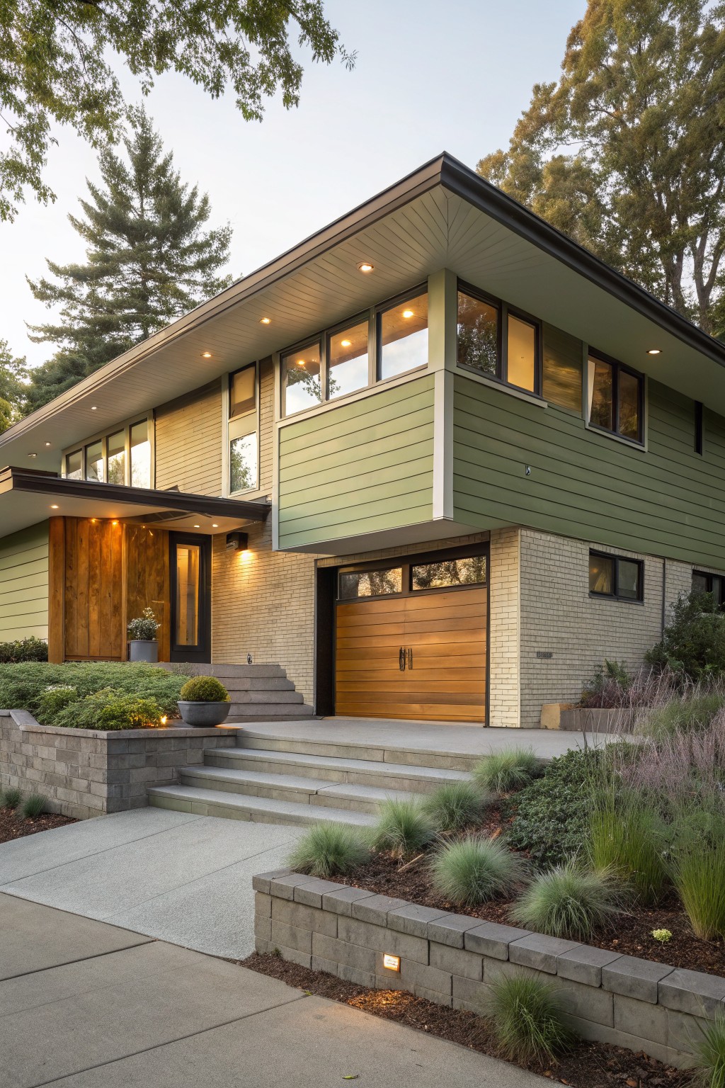 Modern green house with large windows, wood garage door, and landscaped steps