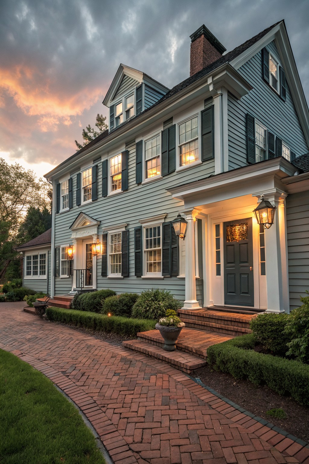 A split level house with soft blue gray siding and white trim.
