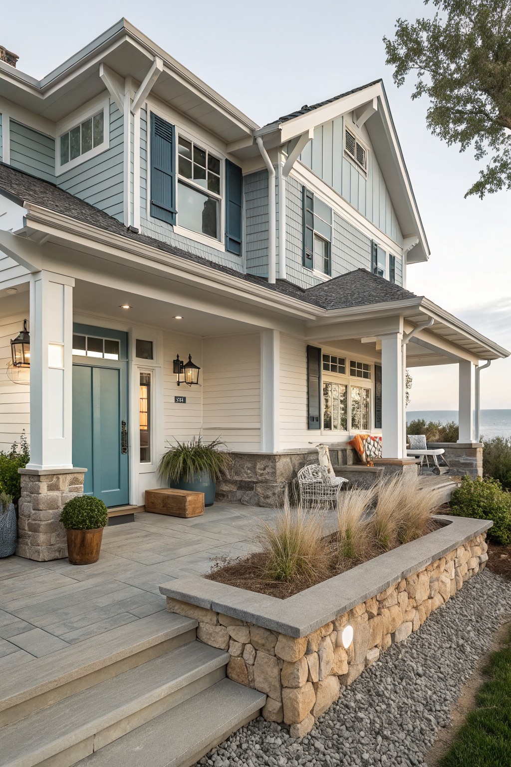 Light blue-gray siding on a split-level house with white trim.