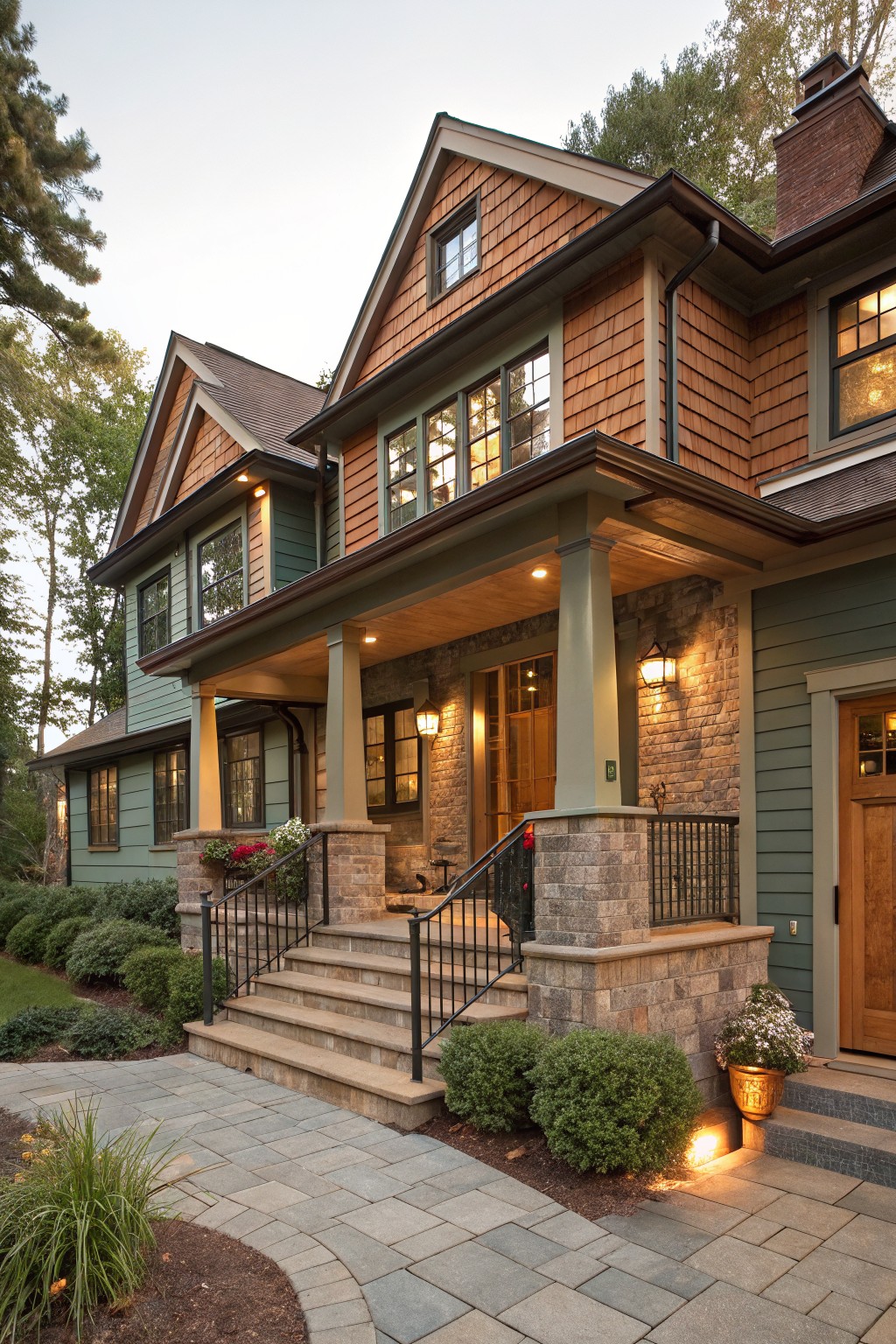 A split-level home with soft green painted siding next to brown wood shingles.