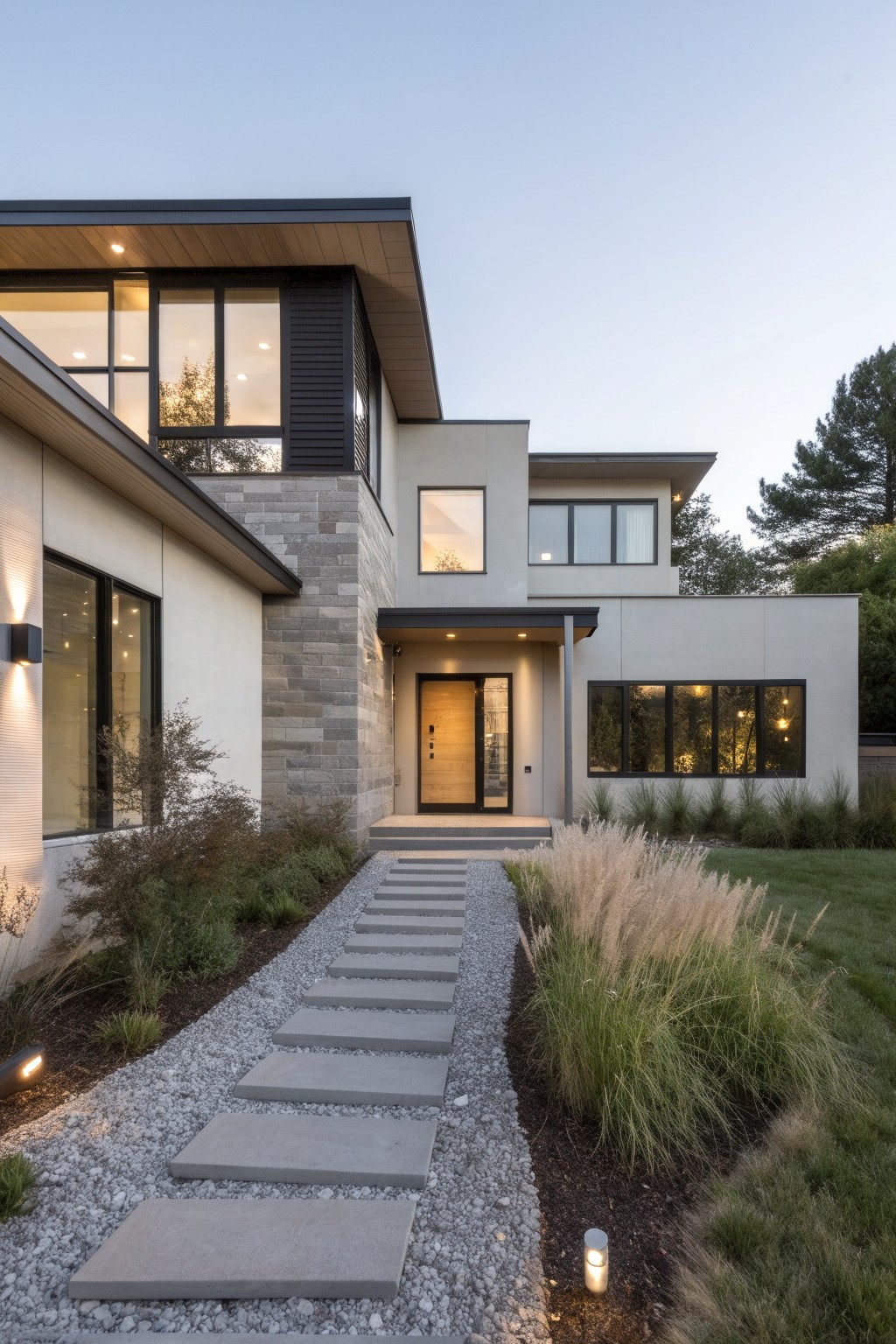 Split-level home exterior with soft greige painted siding.