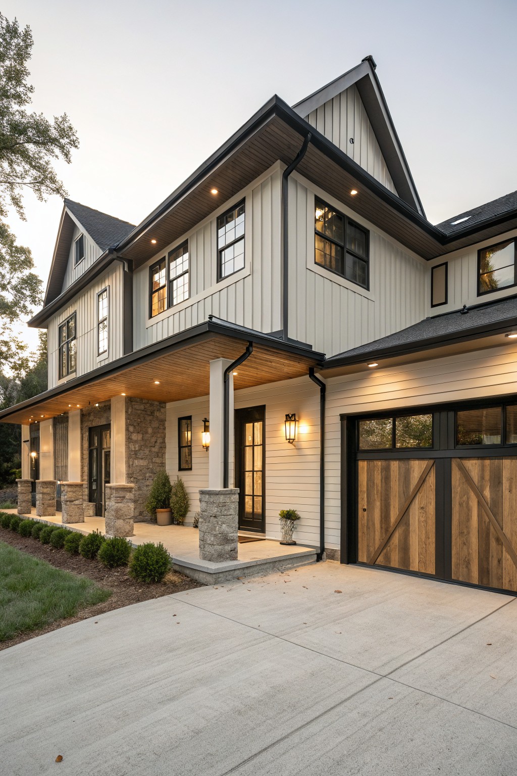 A split-level home with soft off-white siding and dark trim.