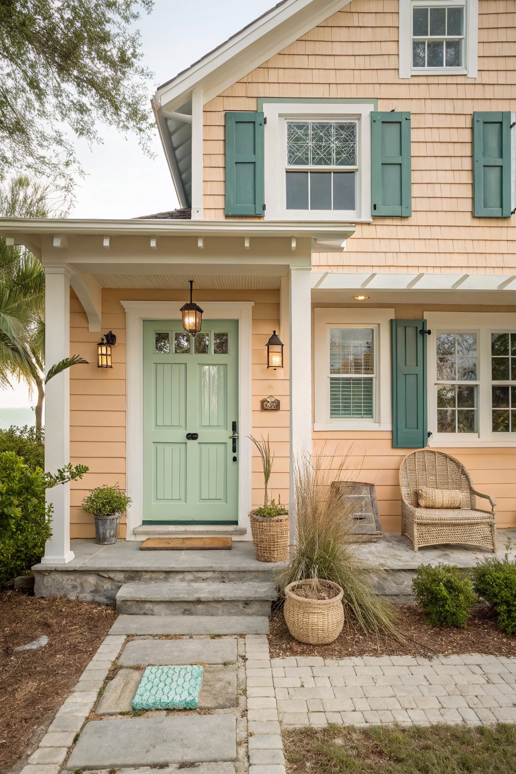 Soft peach siding on a split-level house exterior with white trim and green door.