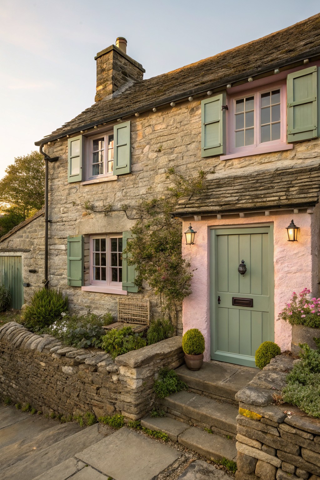 A stone cottage with a soft sage green front door and matching shutters.