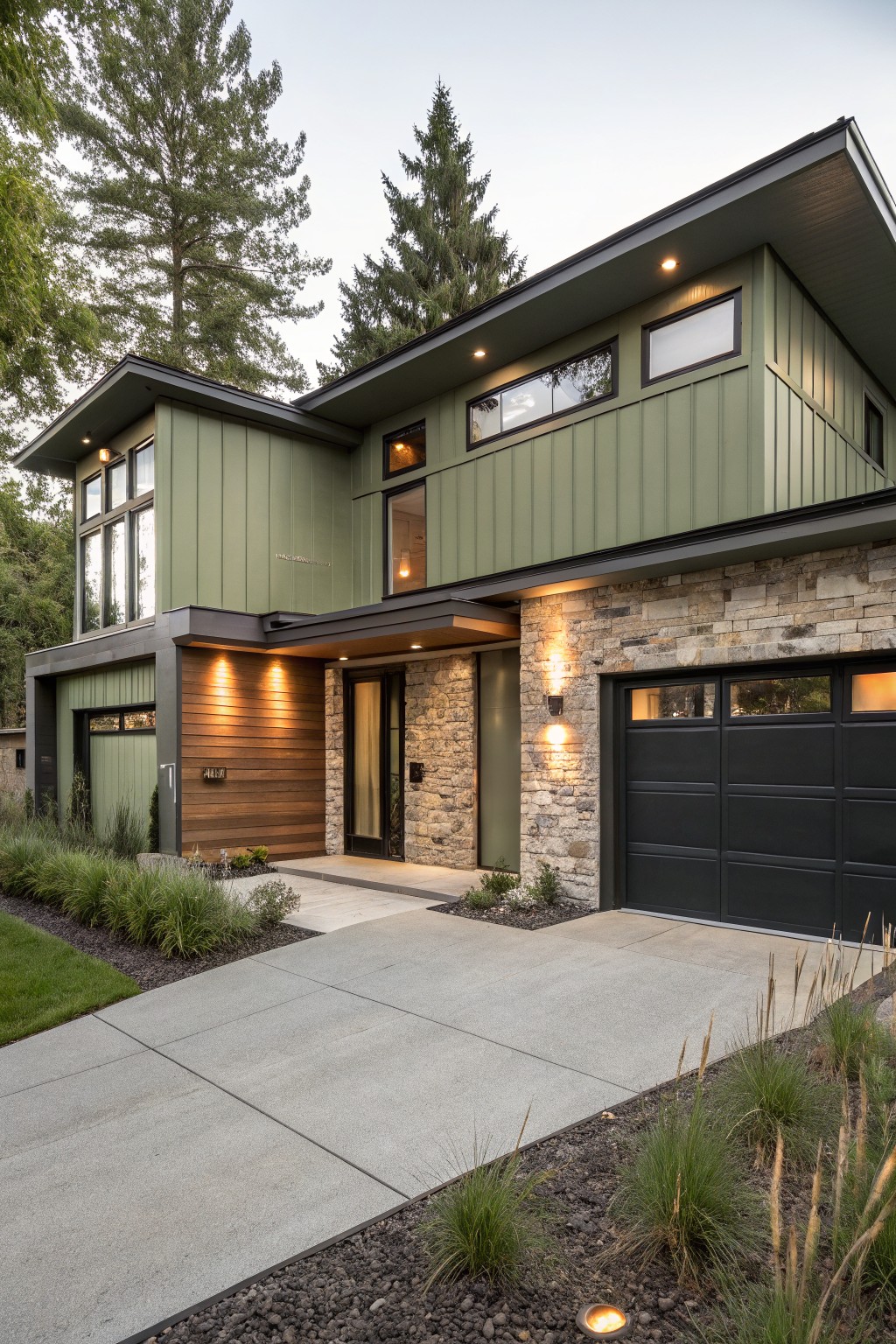 A split-level home with muted sage green siding.