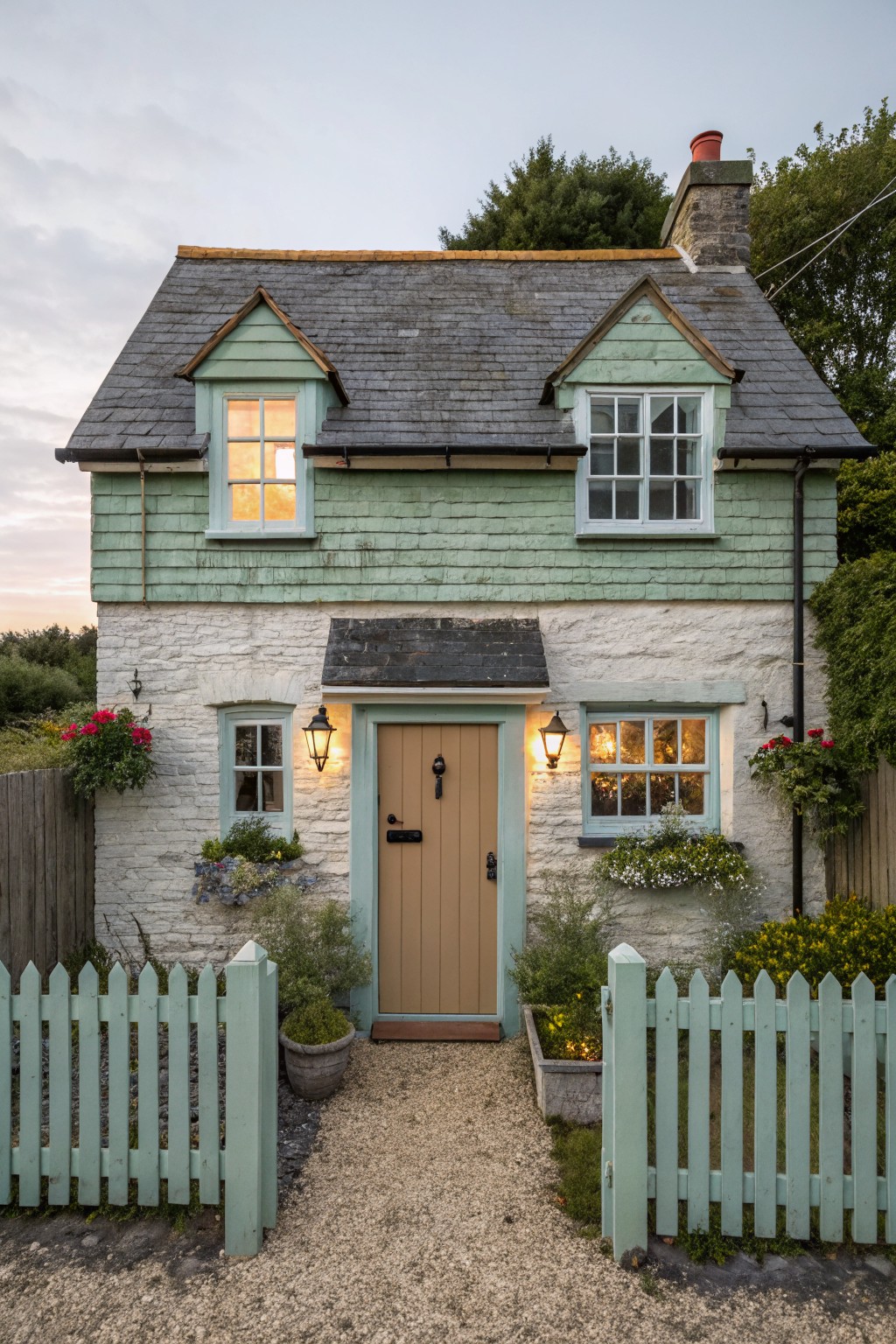 A split-level cottage with soft sage green siding on the upper level.