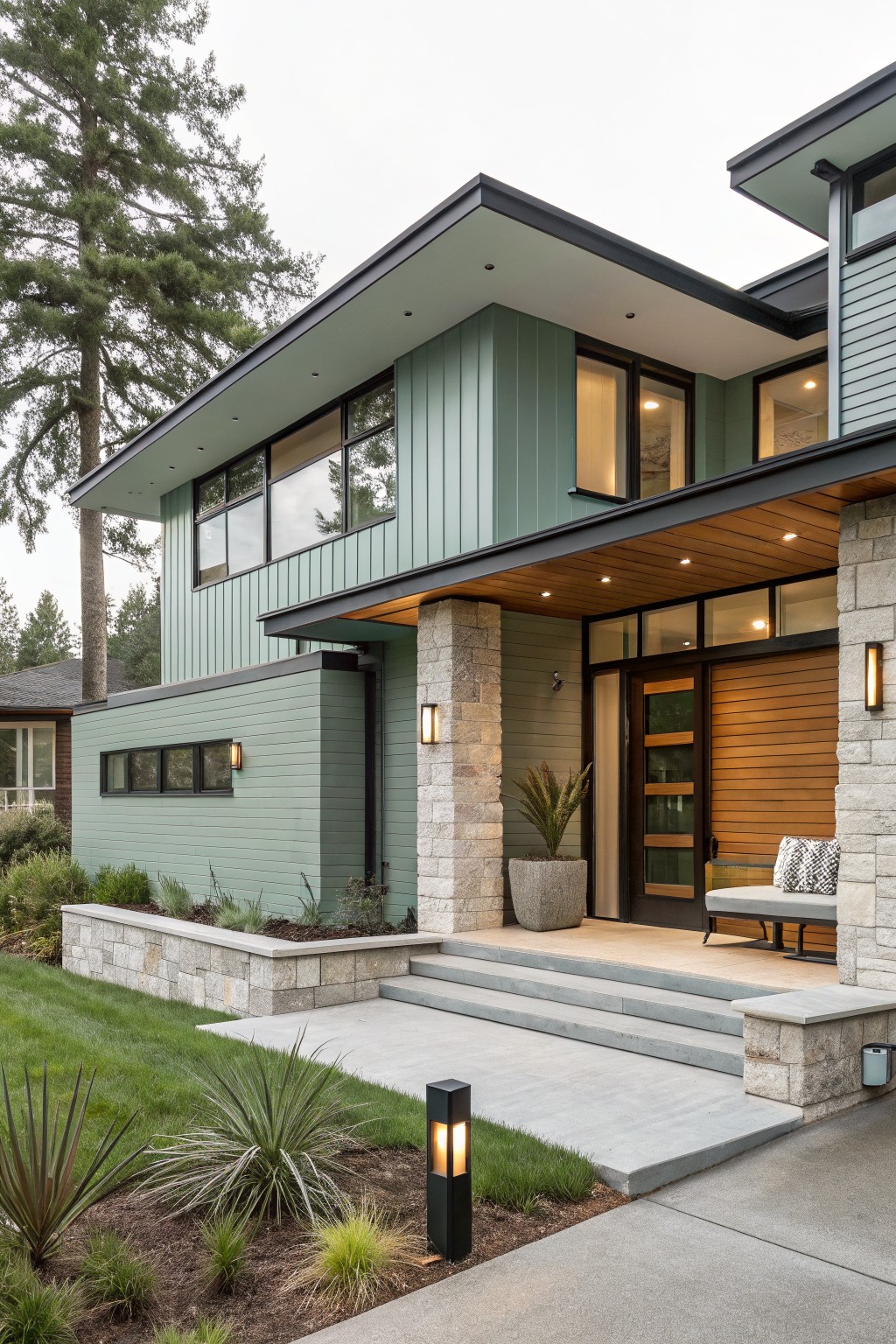 Modern split-level home with soft sage green siding and stone columns.