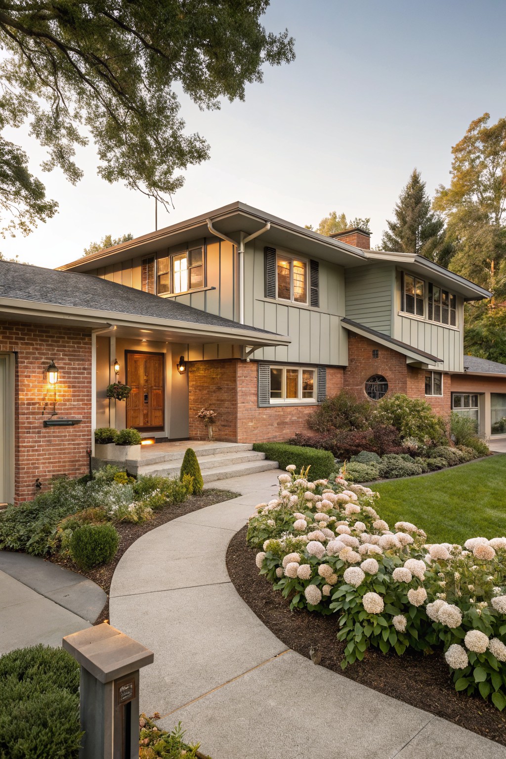 Light sage green siding on the upper level of a split-level house with brick below.