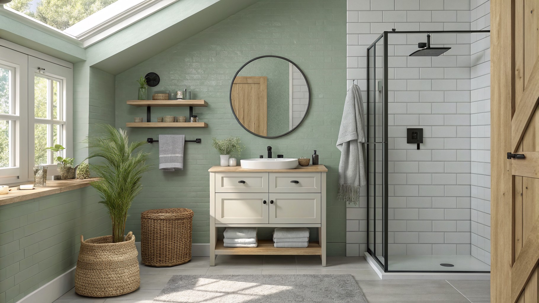 Bathroom walls painted a soft sage green with a wood vanity below a round mirror.