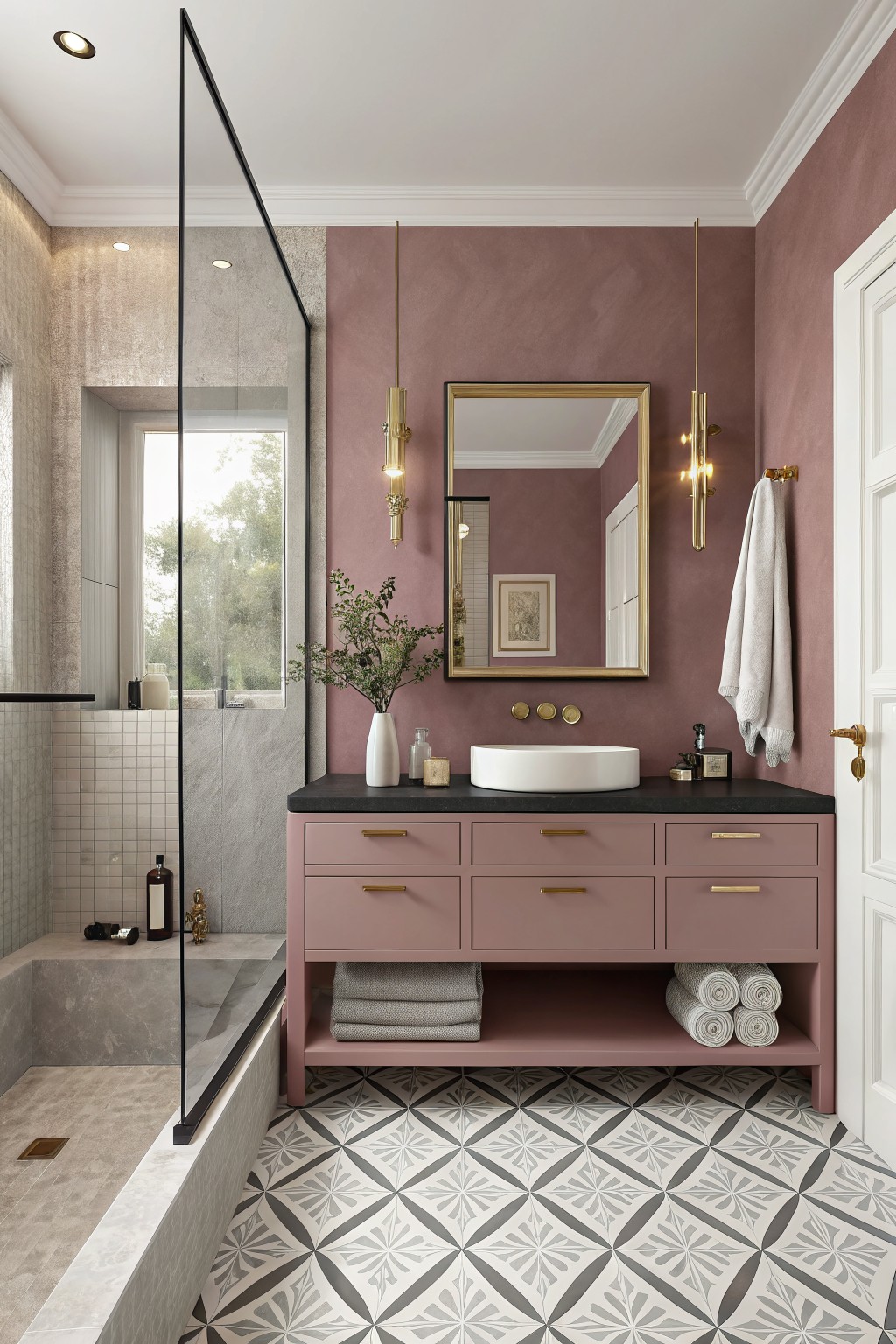 Bathroom walls painted in a soft dusty rose with matching vanity cabinet.