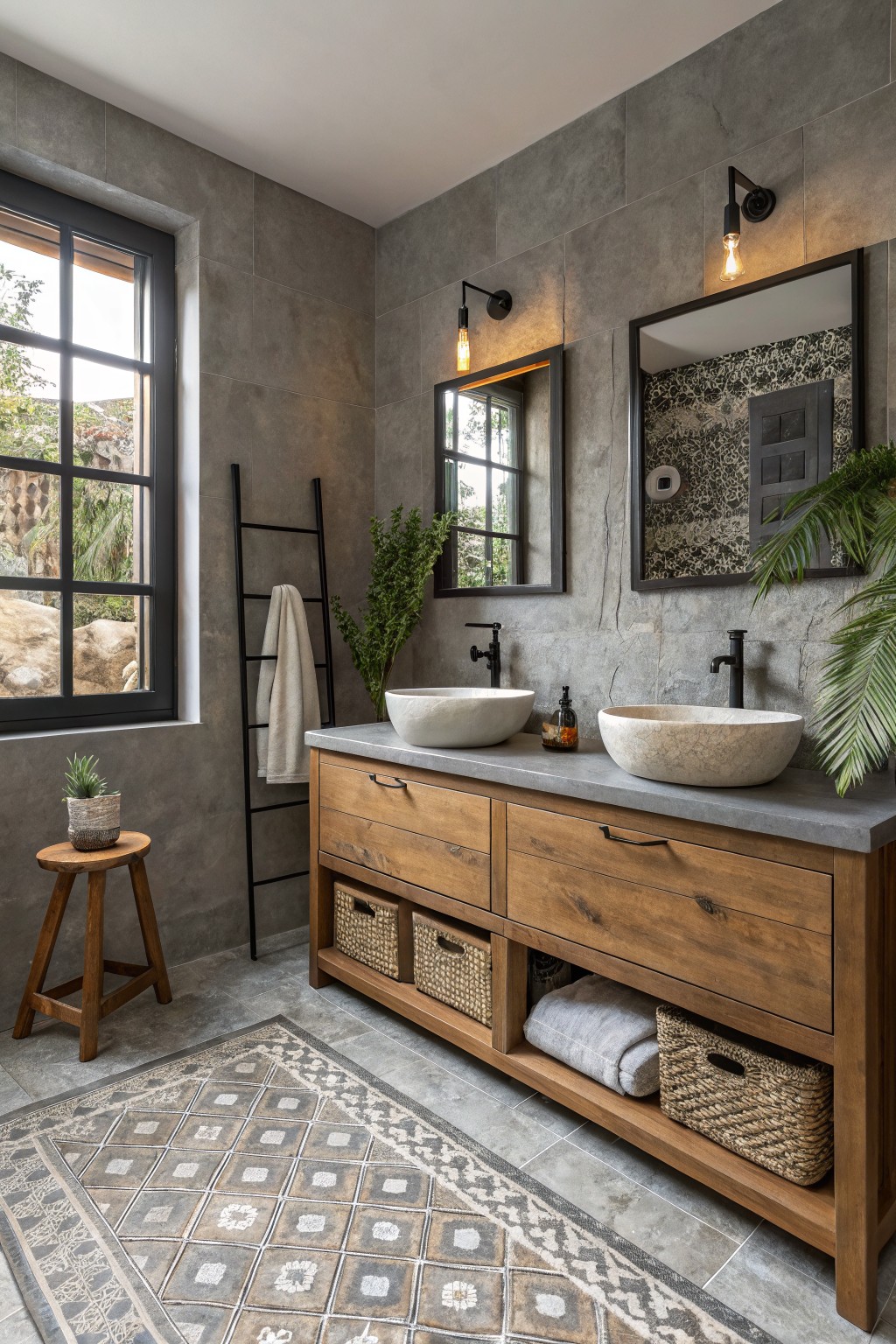 Gray tiled walls in a bathroom with a wooden vanity and stone sinks.