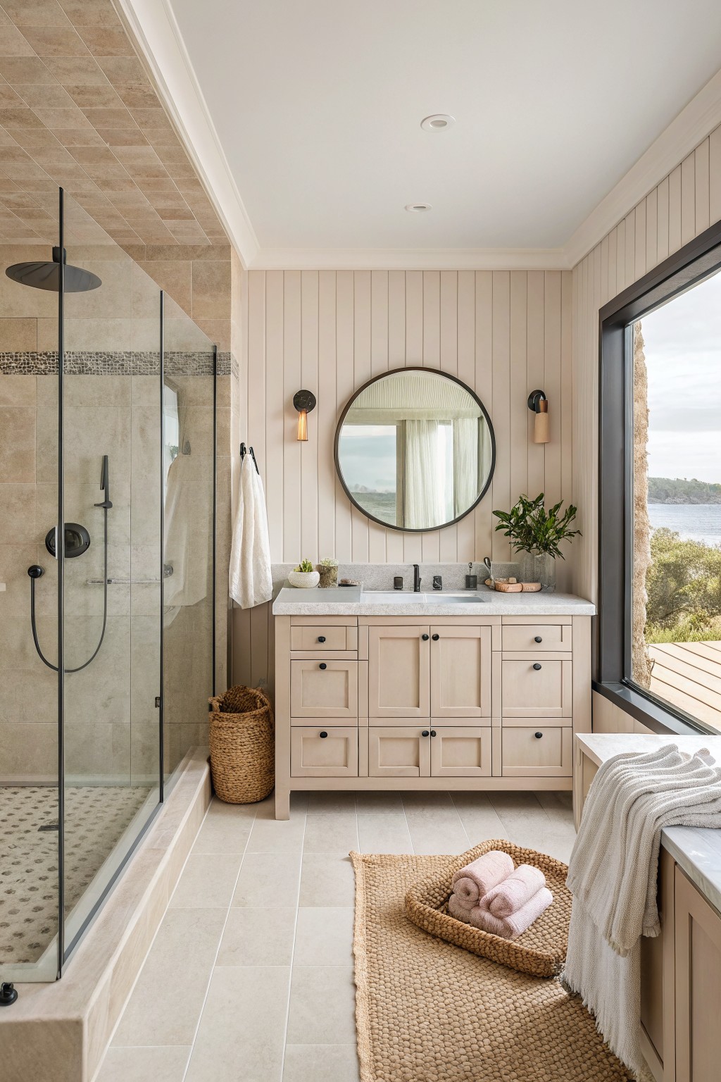 Bathroom walls painted in a soft greige with vertical paneling and a light wood vanity.
