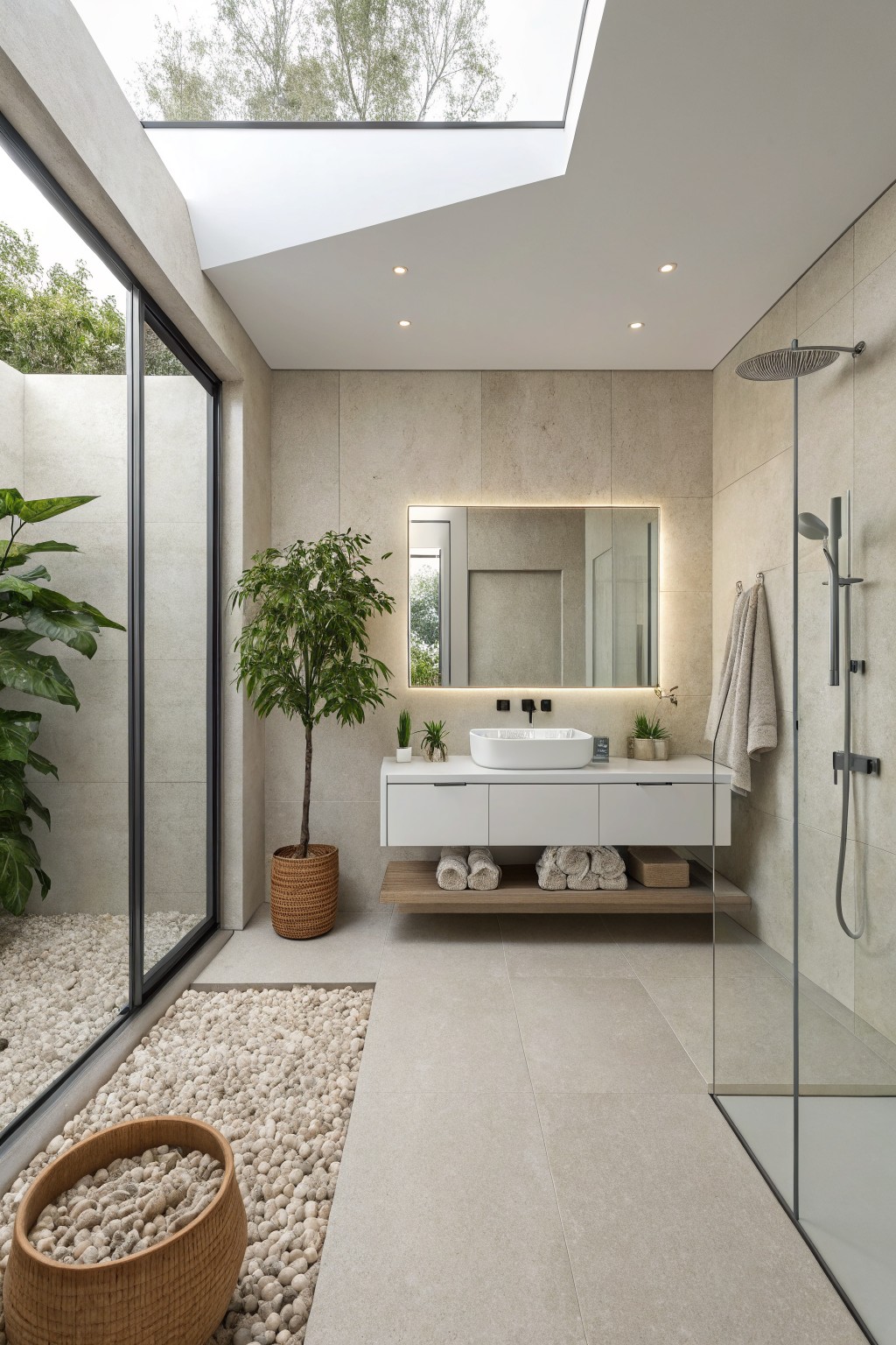 Bathroom walls painted in a soft greige neutral with white vanity and stone tile floor.