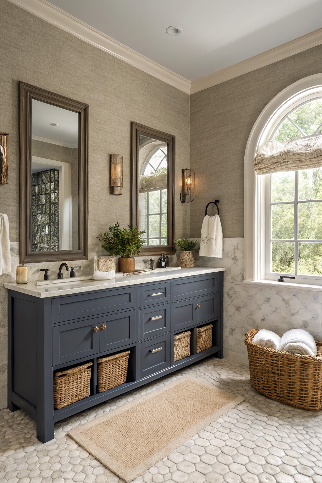 Bathroom with soft greige walls and a dark blue vanity.