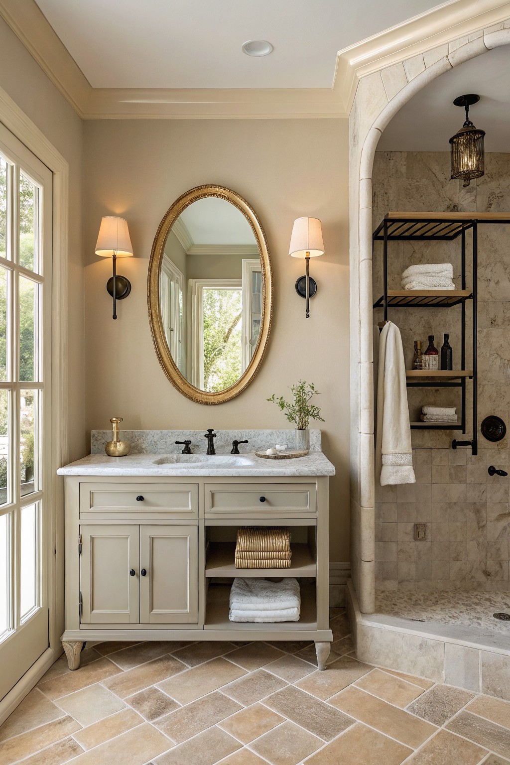 Soft greige walls in a bathroom with a marble-topped vanity.