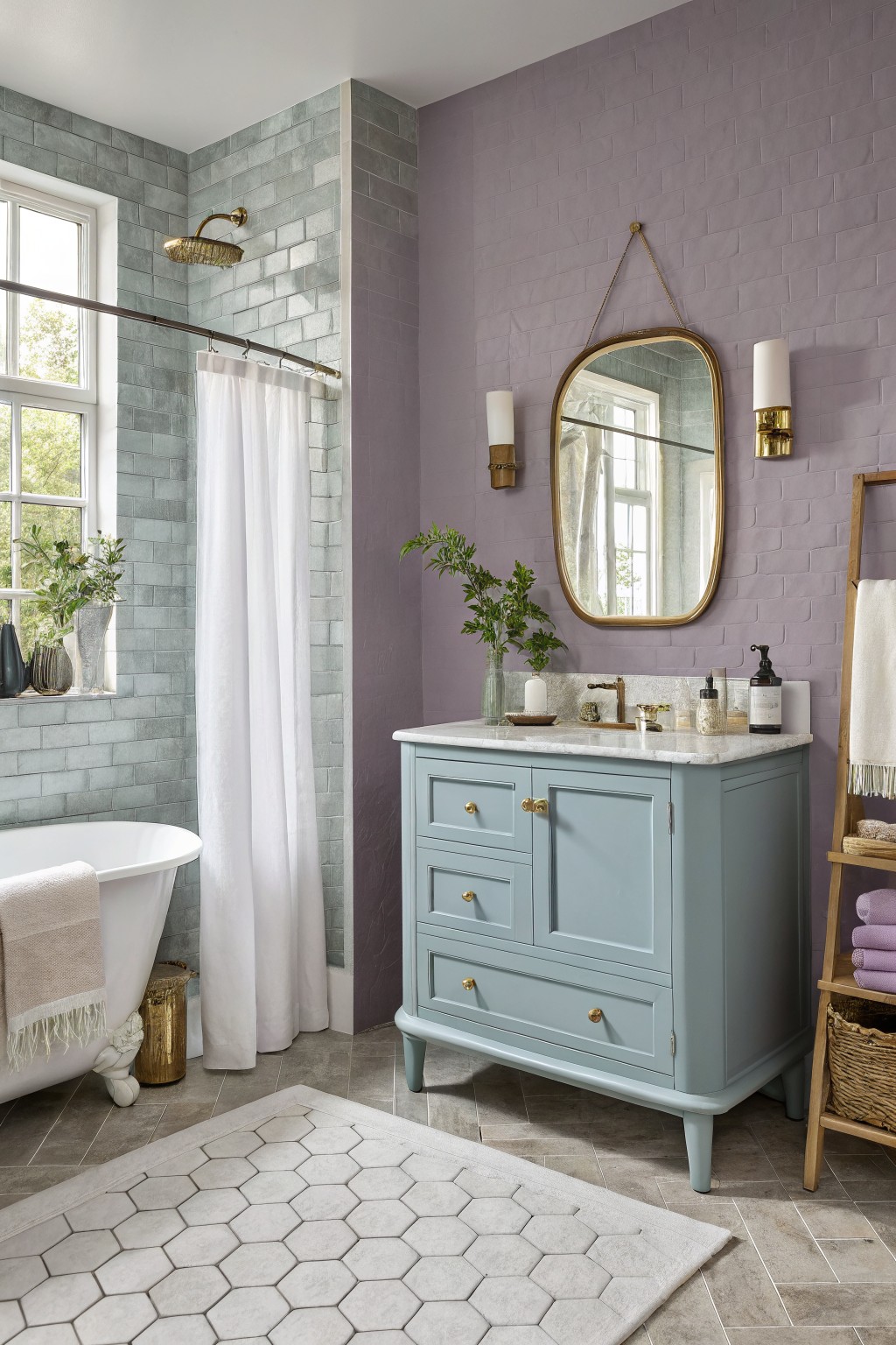 A bathroom featuring soft lavender painted walls beside a light blue vanity.