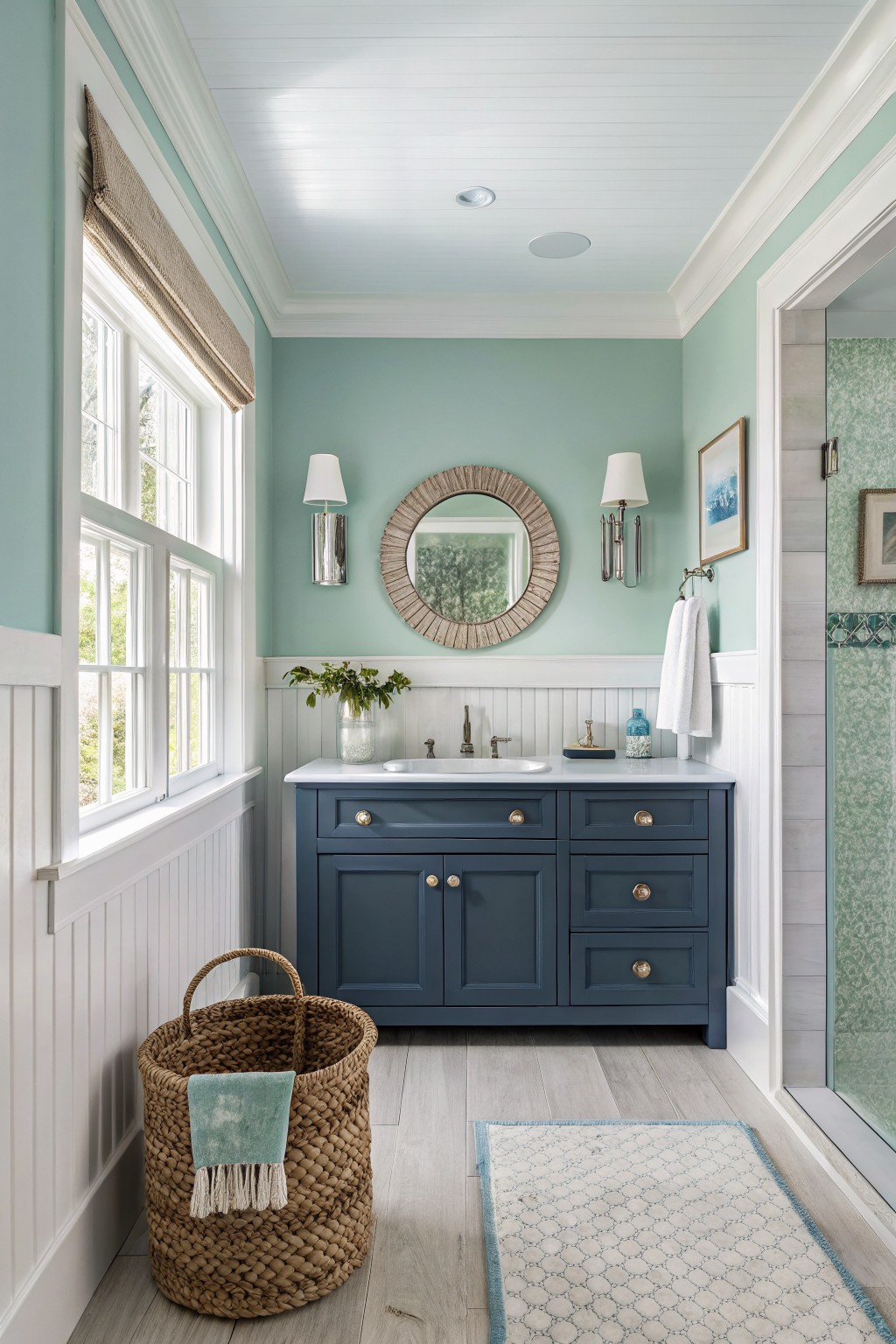Bathroom walls painted in a soft mint green with white wainscoting and a navy vanity.
