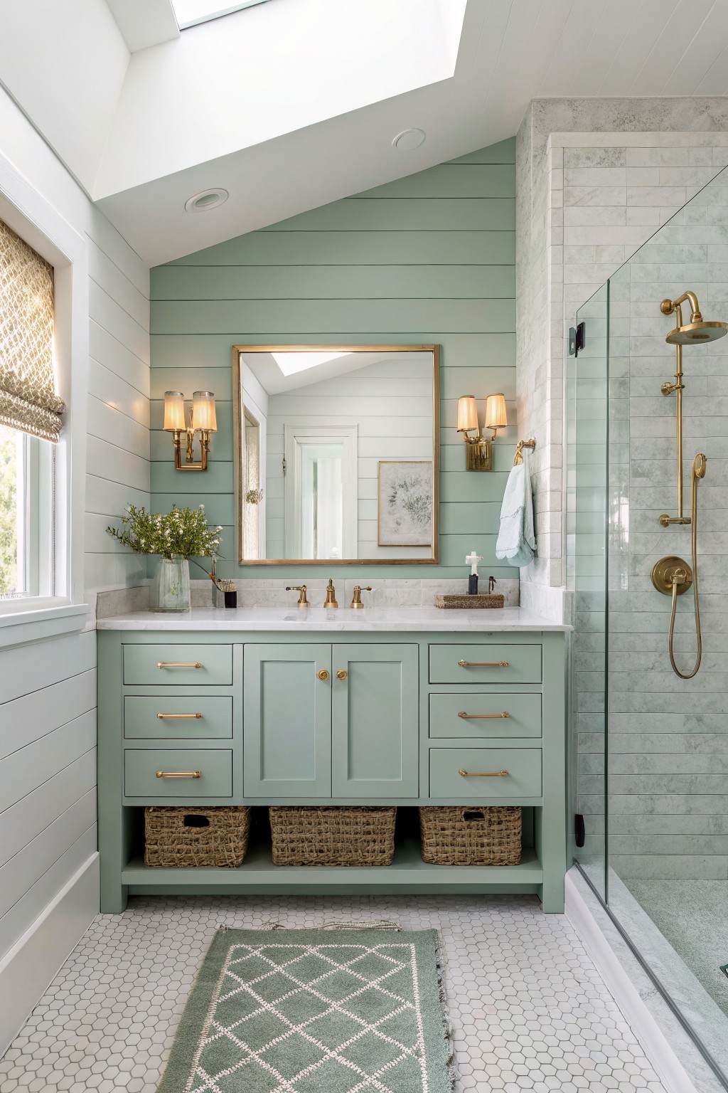 Sage green bathroom vanity with marble countertop, gold fixtures, skylight, and tiled shower