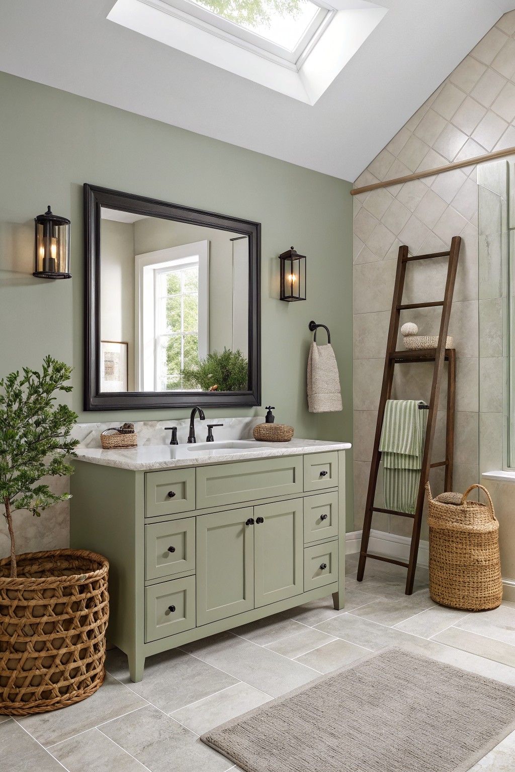 A bathroom featuring soft sage green walls and a matching painted vanity.