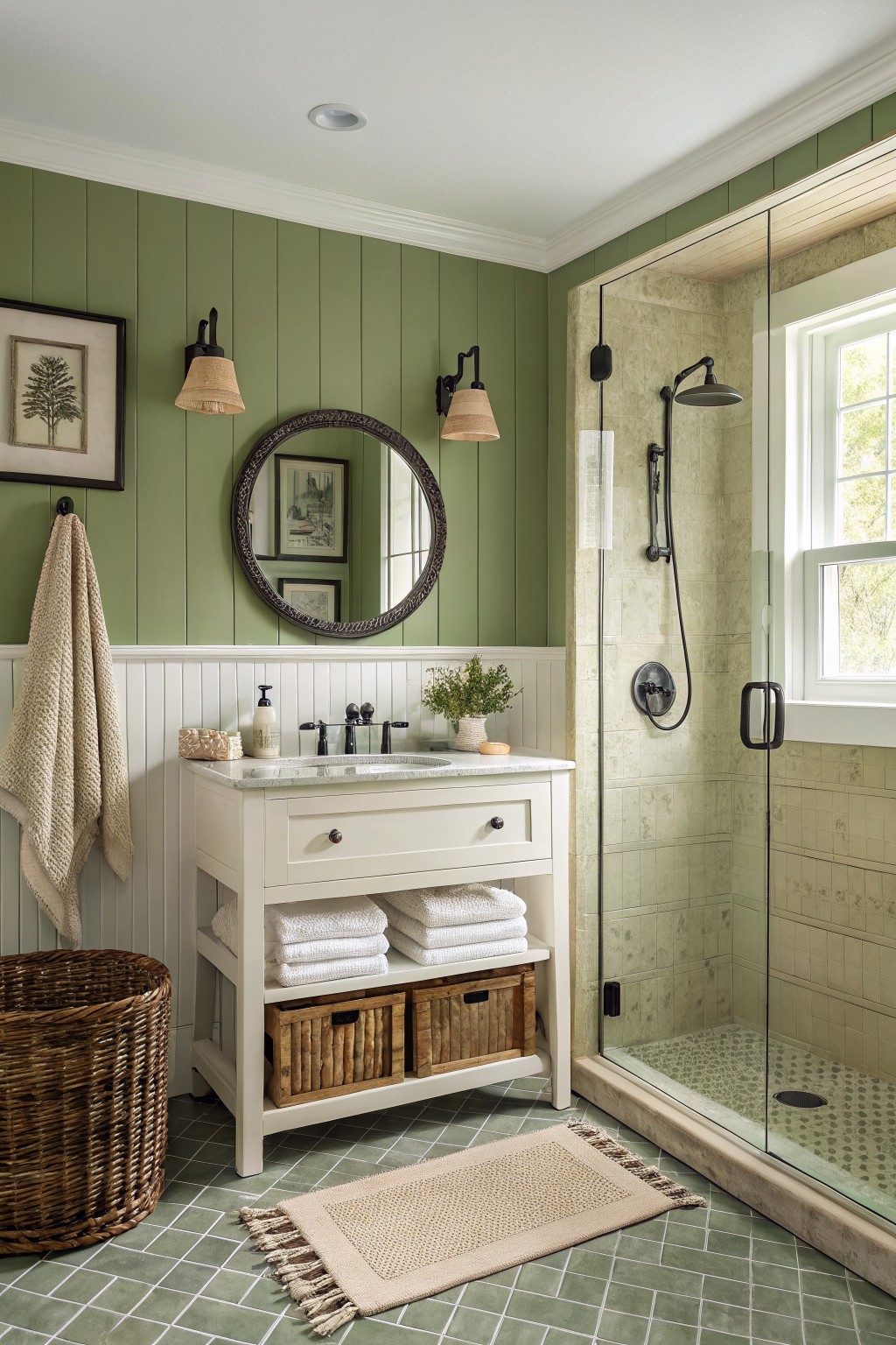 Bathroom with soft sage green walls above white wainscoting and a tiled shower.