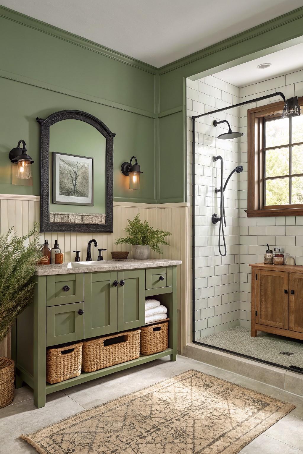 Green bathroom vanity with sink, mirror, and white tiled shower enclosure.