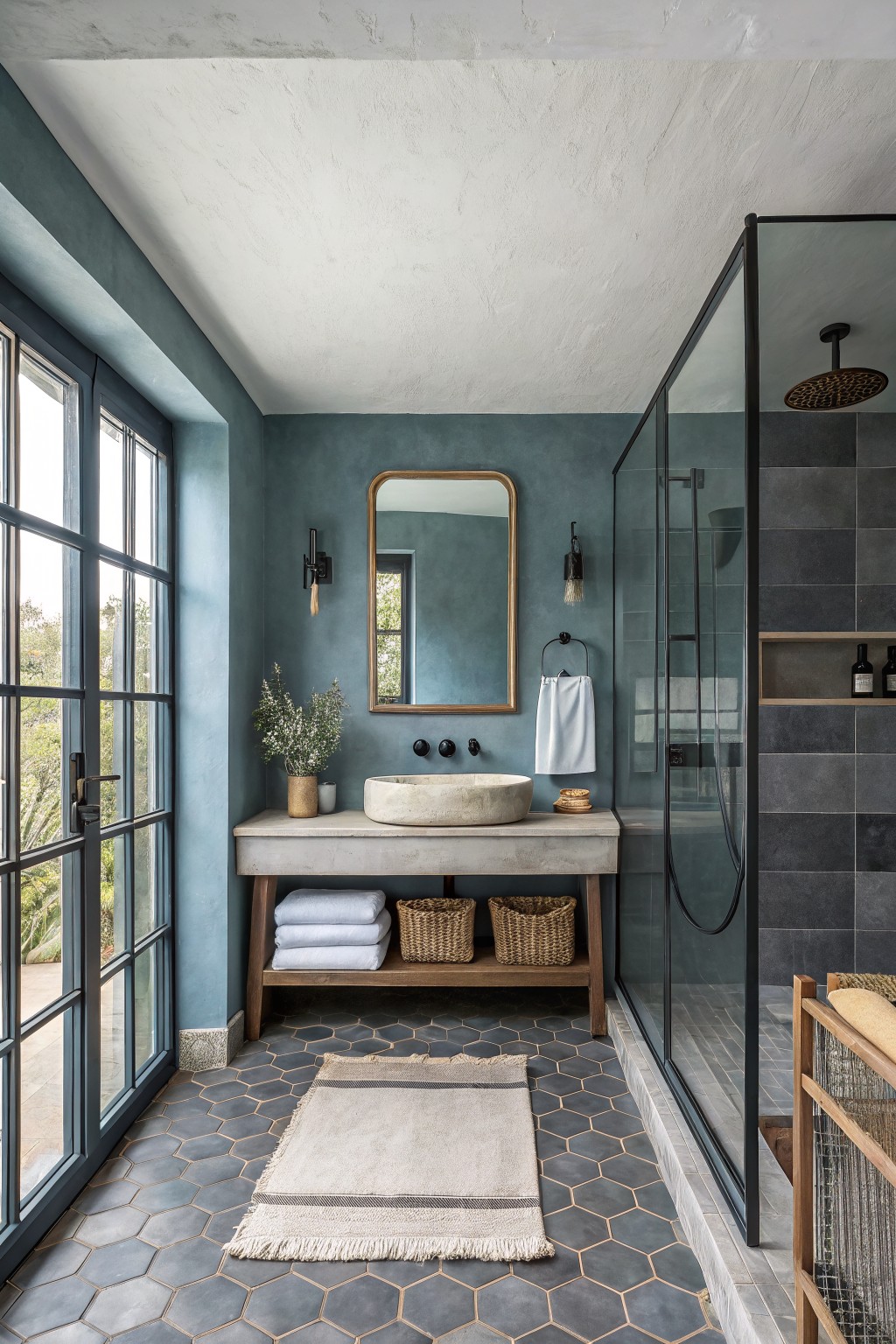 A bathroom featuring soft teal walls with a concrete vanity and wood accents.