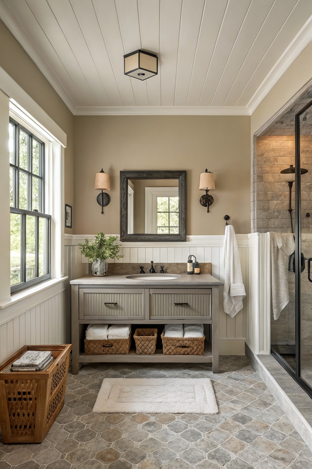 A bathroom with soft warm greige walls above white wainscoting.
