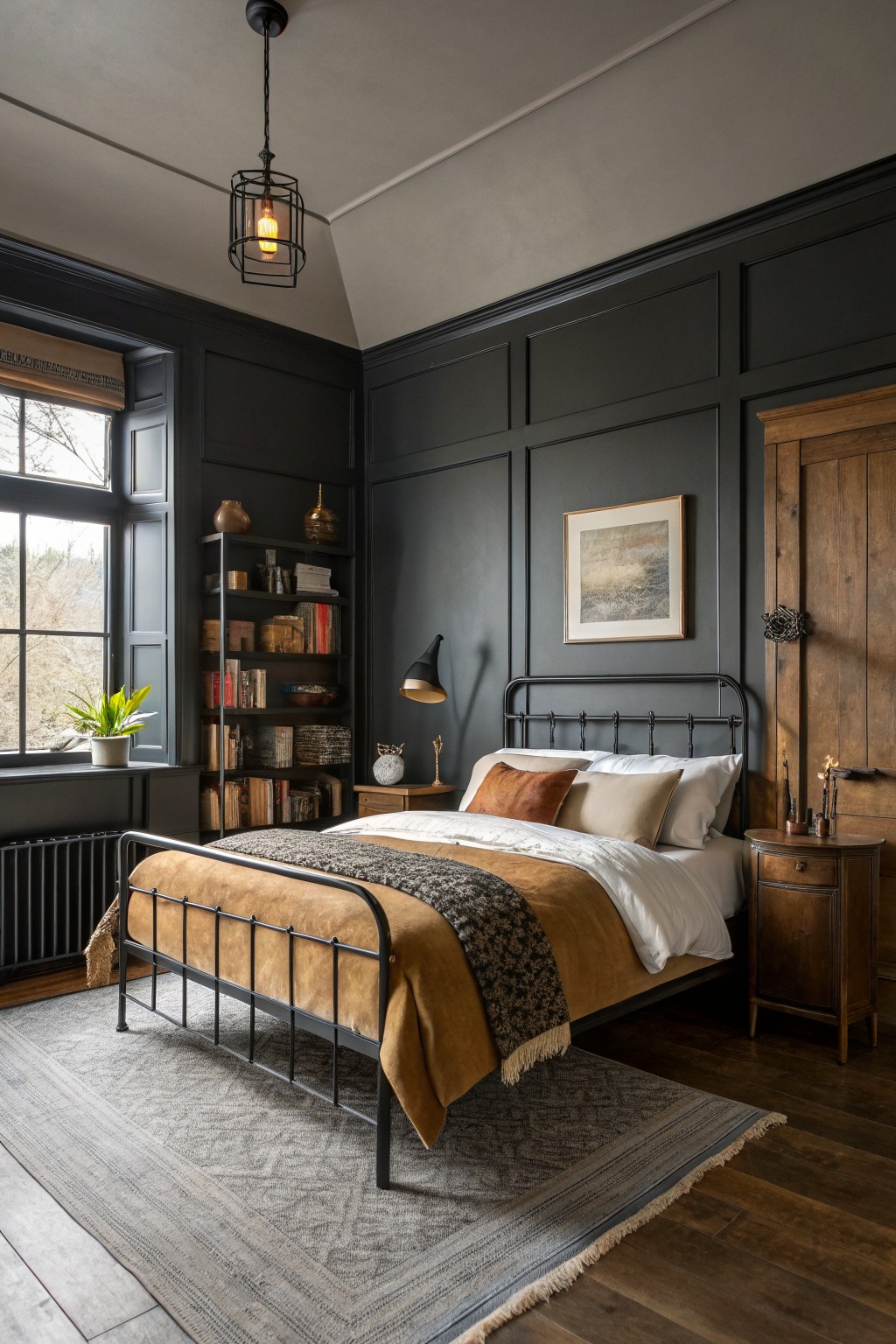 A bedroom with dark charcoal gray paneled walls and wooden flooring.